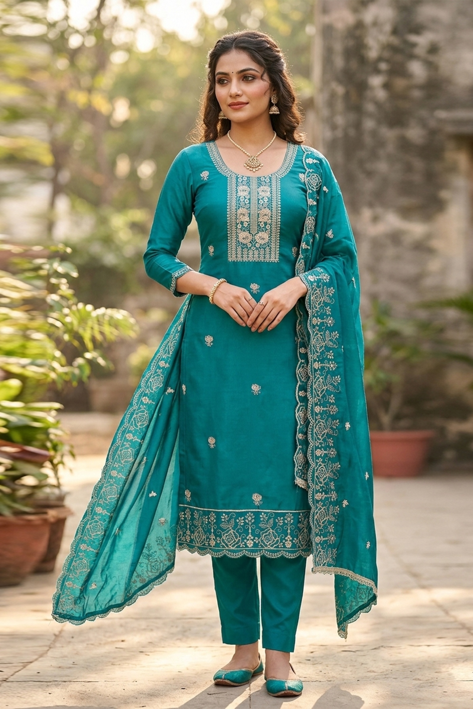 Sea Green Heavy Embroidered Straight Salwar Suit