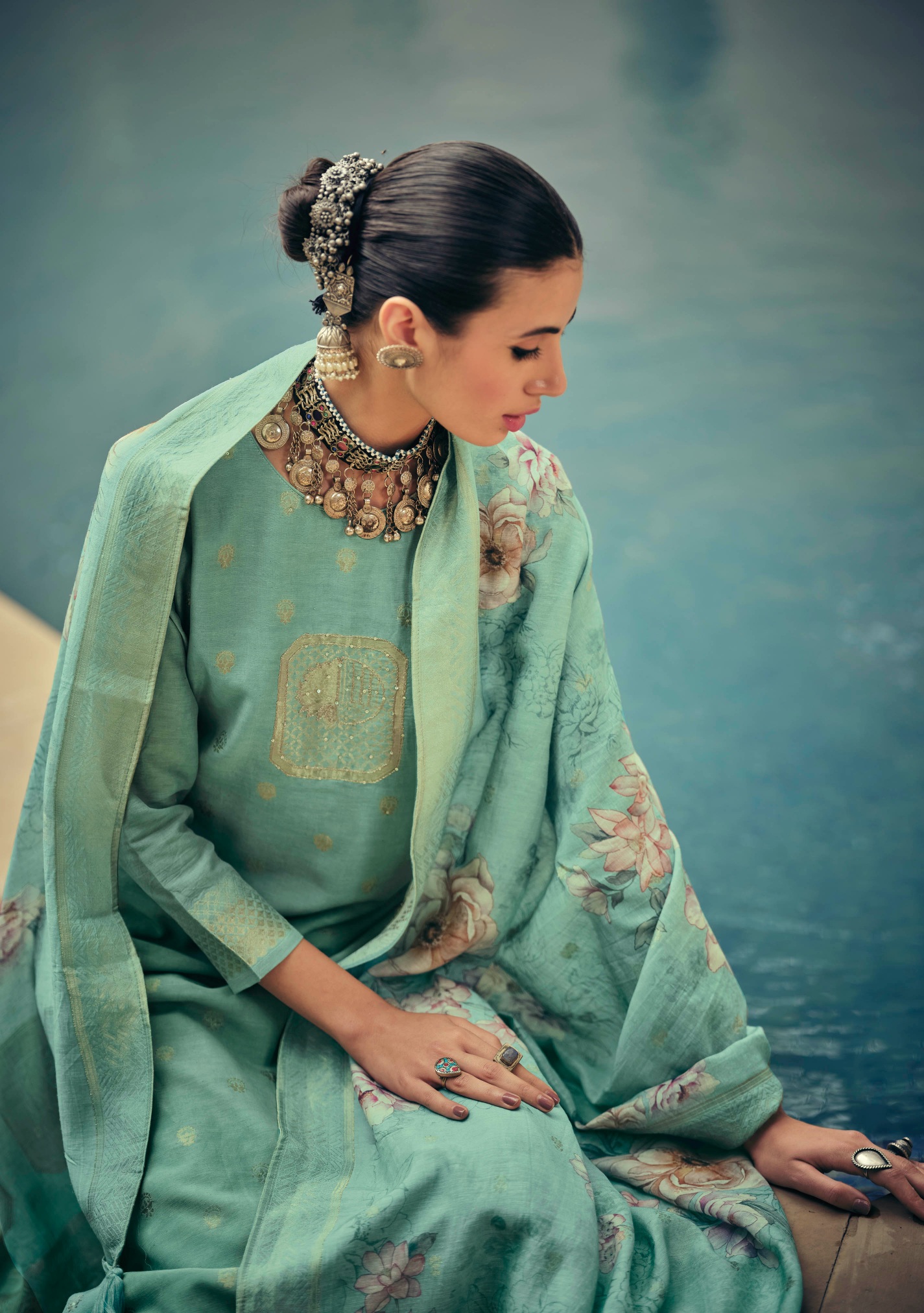 Sea Green Heritage Floral Silk Cotton Straight Salwar Suit — alternate view
