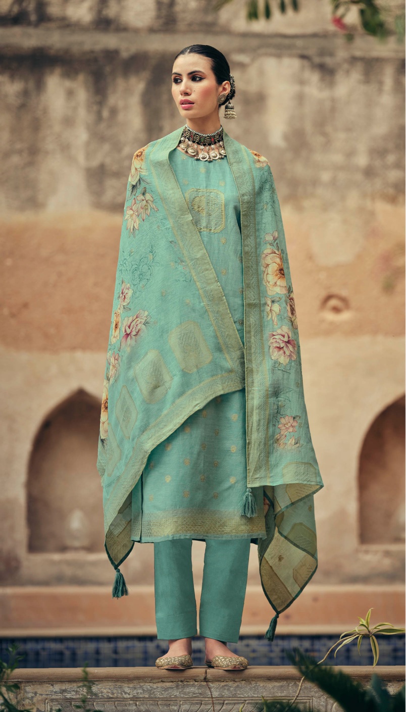 Sea Green Heritage Floral Silk Cotton Straight Salwar Suit