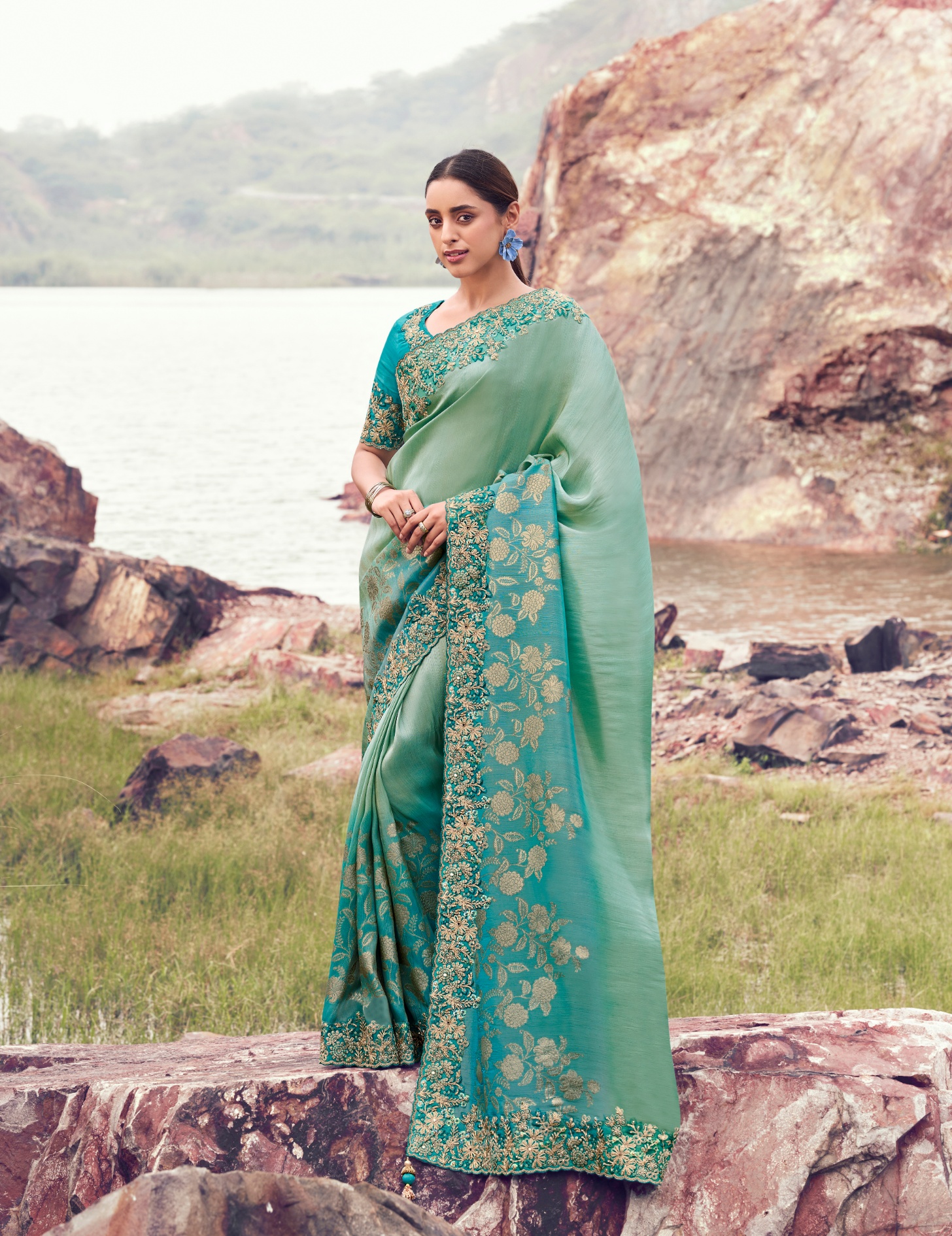 Sea Green Heritage Heavy Bhagalpuri Tissue Saree