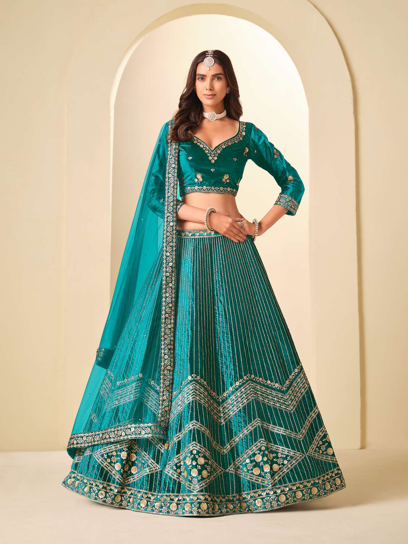 Sea Green Ice Velvet Printed and Embroidered Lehenga Choli
