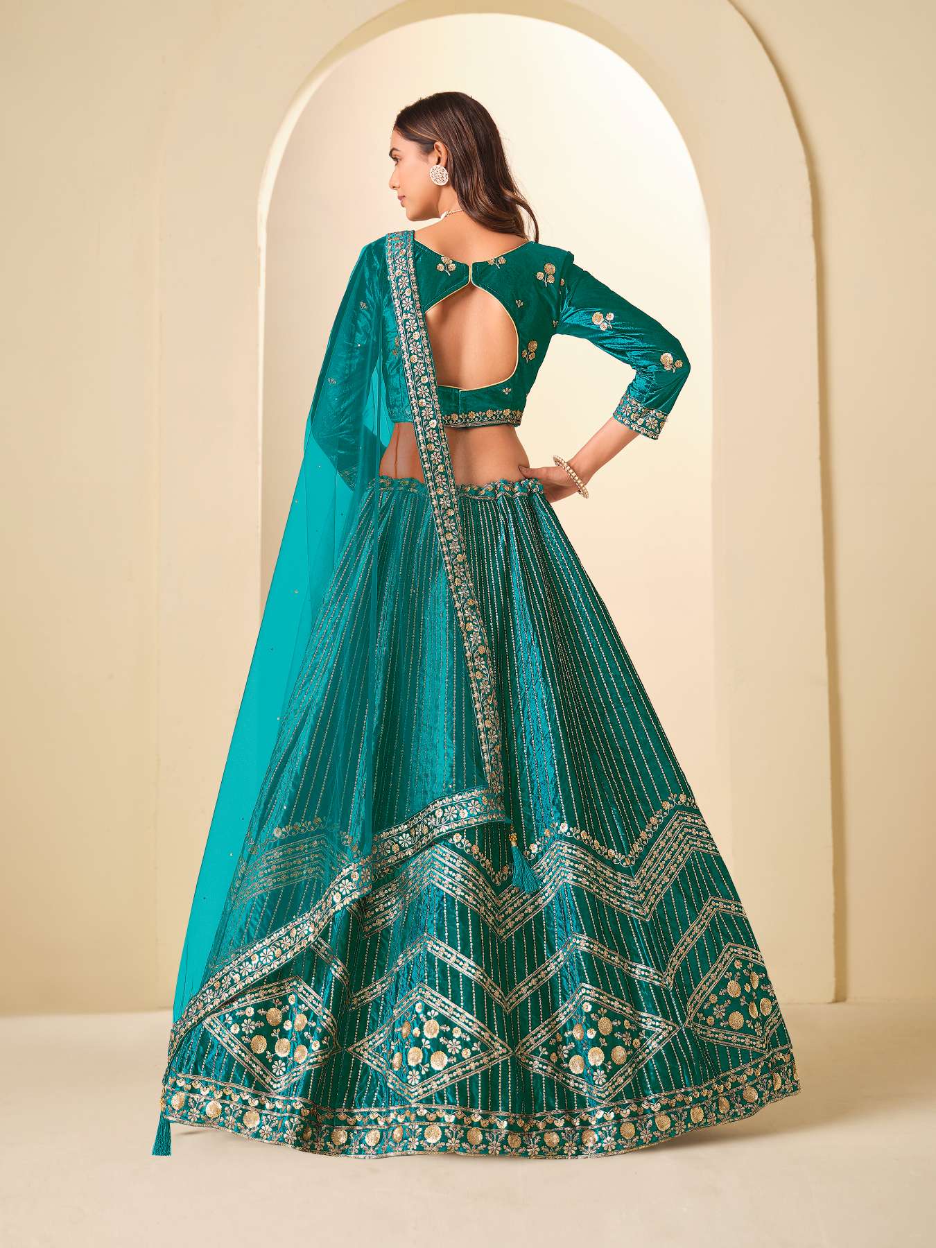 Sea Green Ice Velvet Printed and Embroidered Lehenga Choli — alternate view