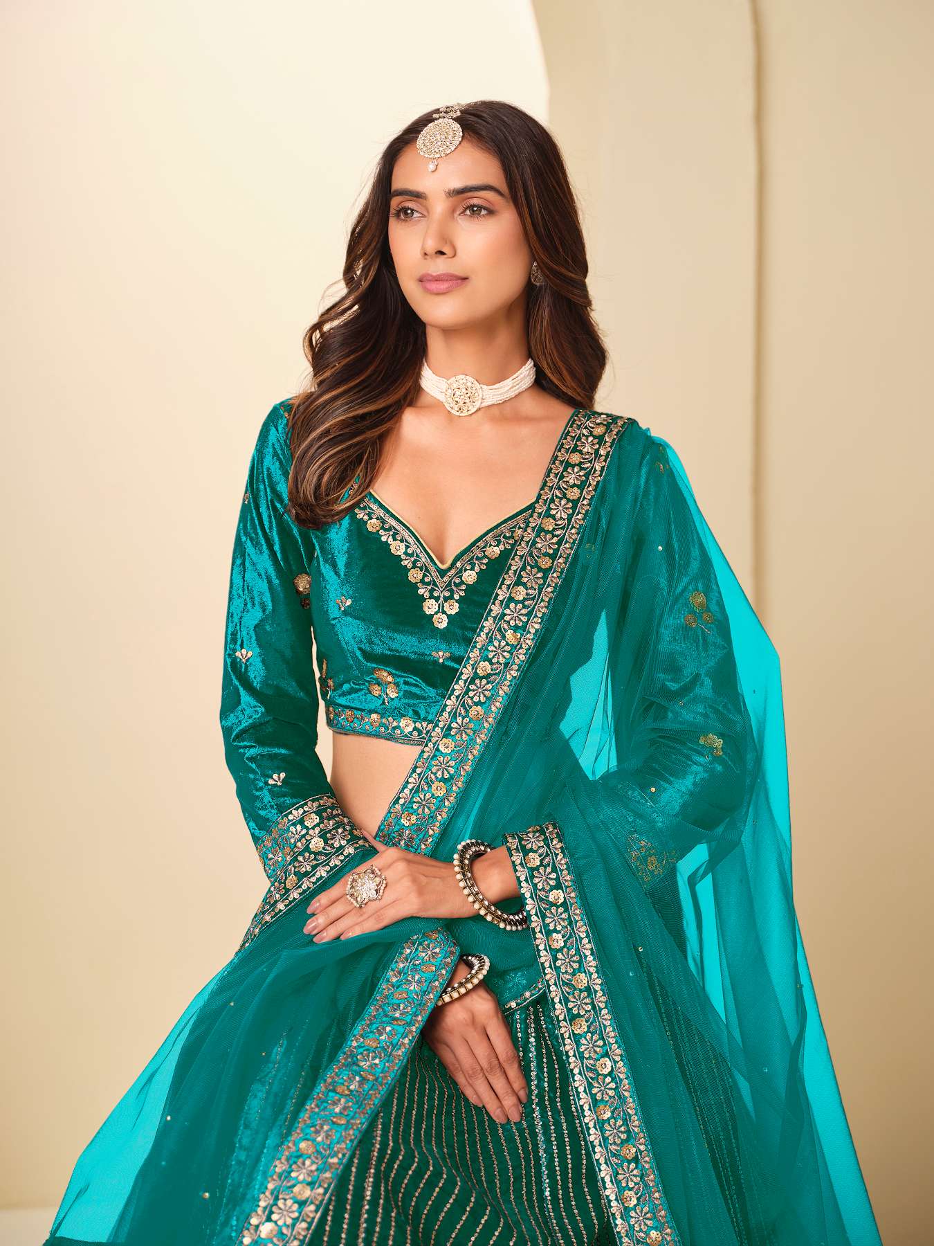 Sea Green Ice Velvet Printed and Embroidered Lehenga Choli