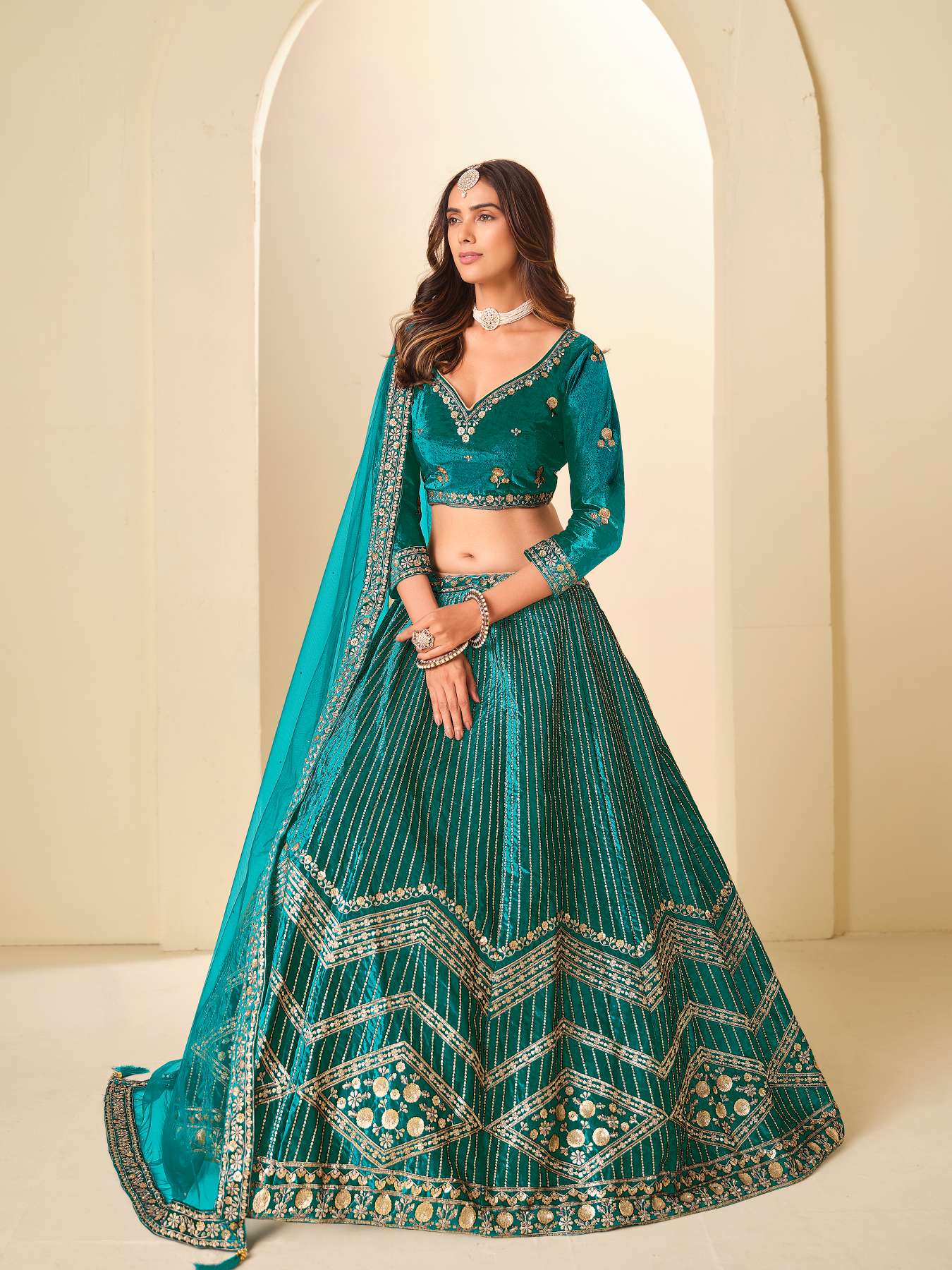 Sea Green Ice Velvet Printed and Embroidered Lehenga Choli