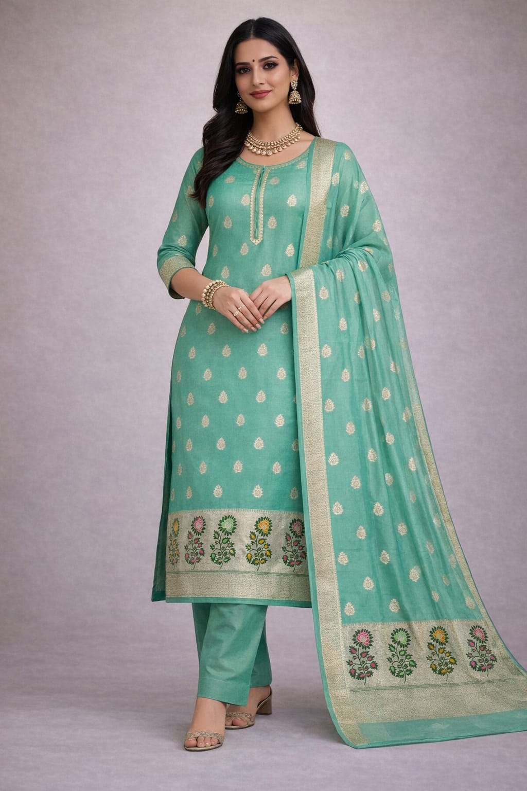 Sea Green Jacquard Designer Lichi Silk Salwar Suit