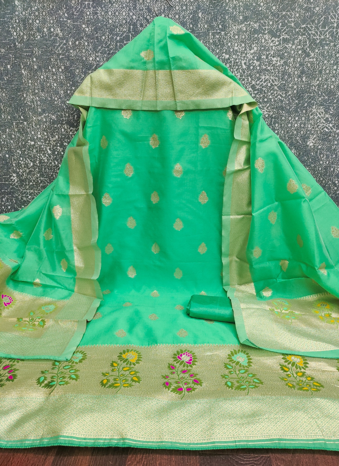 Sea Green Jacquard Designer Lichi Silk Salwar Suit
