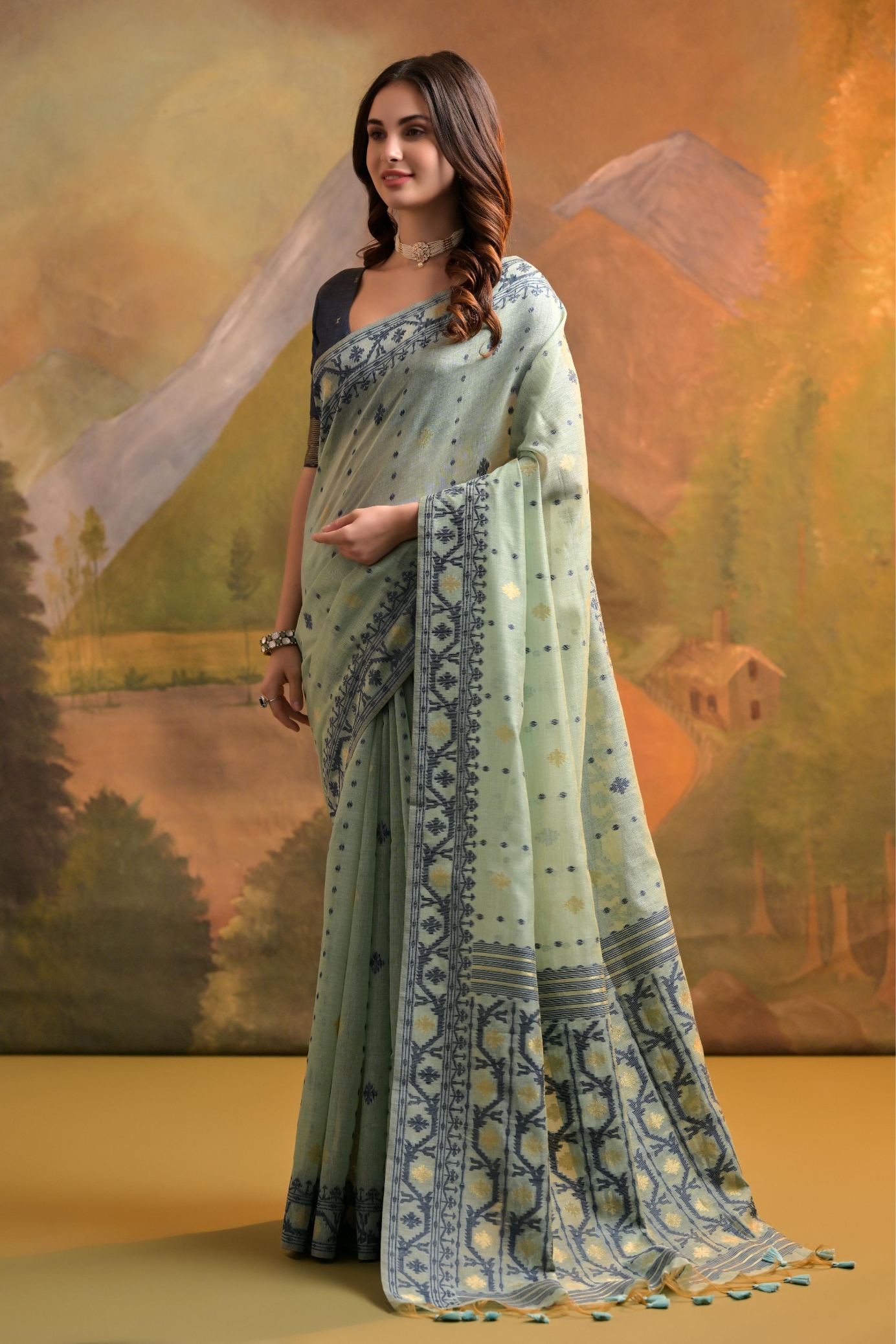 Sea Green Jamdani Muga Cotton Saree