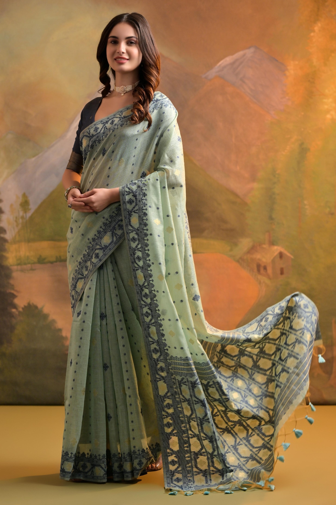 Sea Green Jamdani Muga Cotton Saree