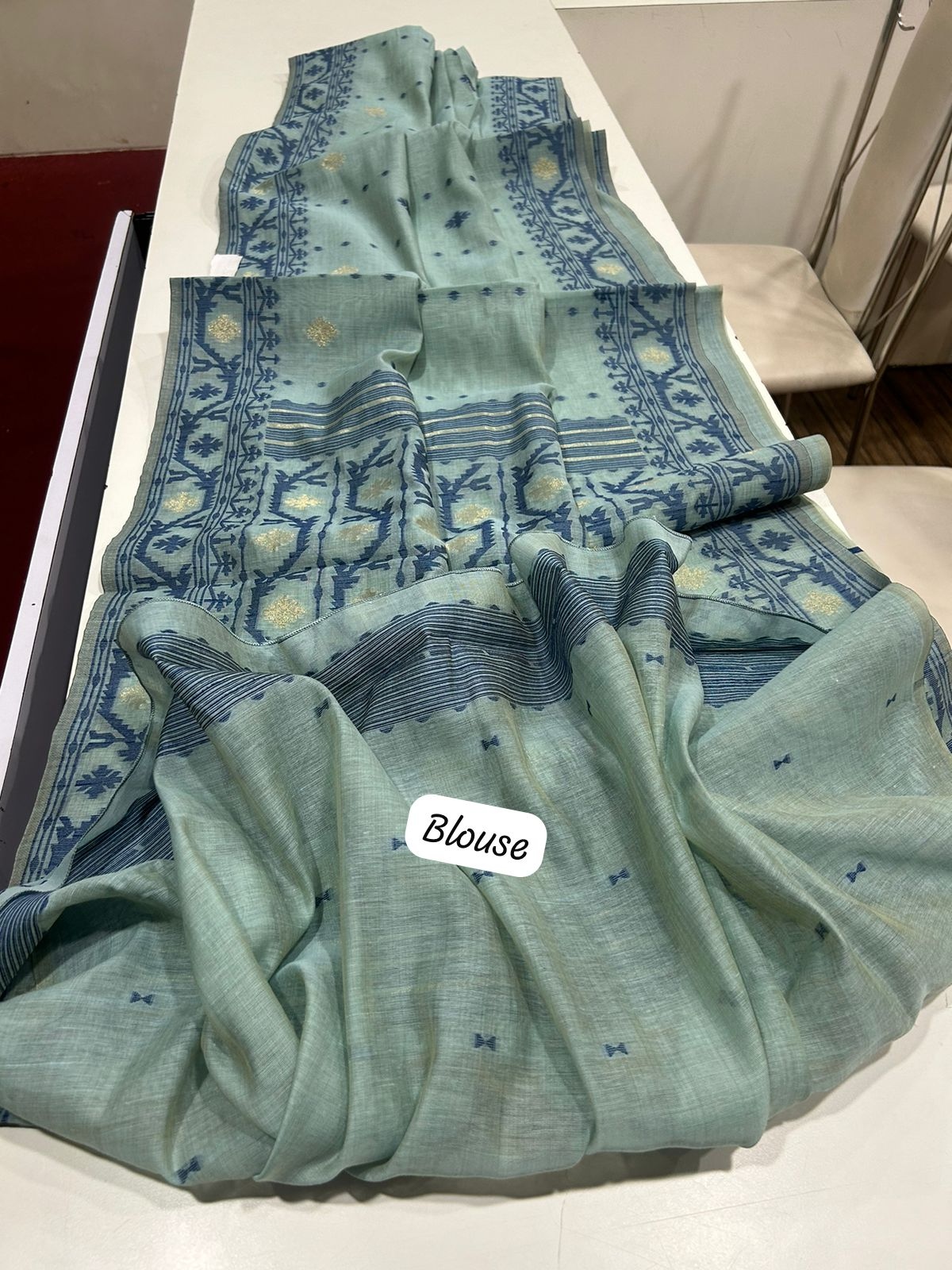 Sea Green Jamdani Muga Cotton Saree