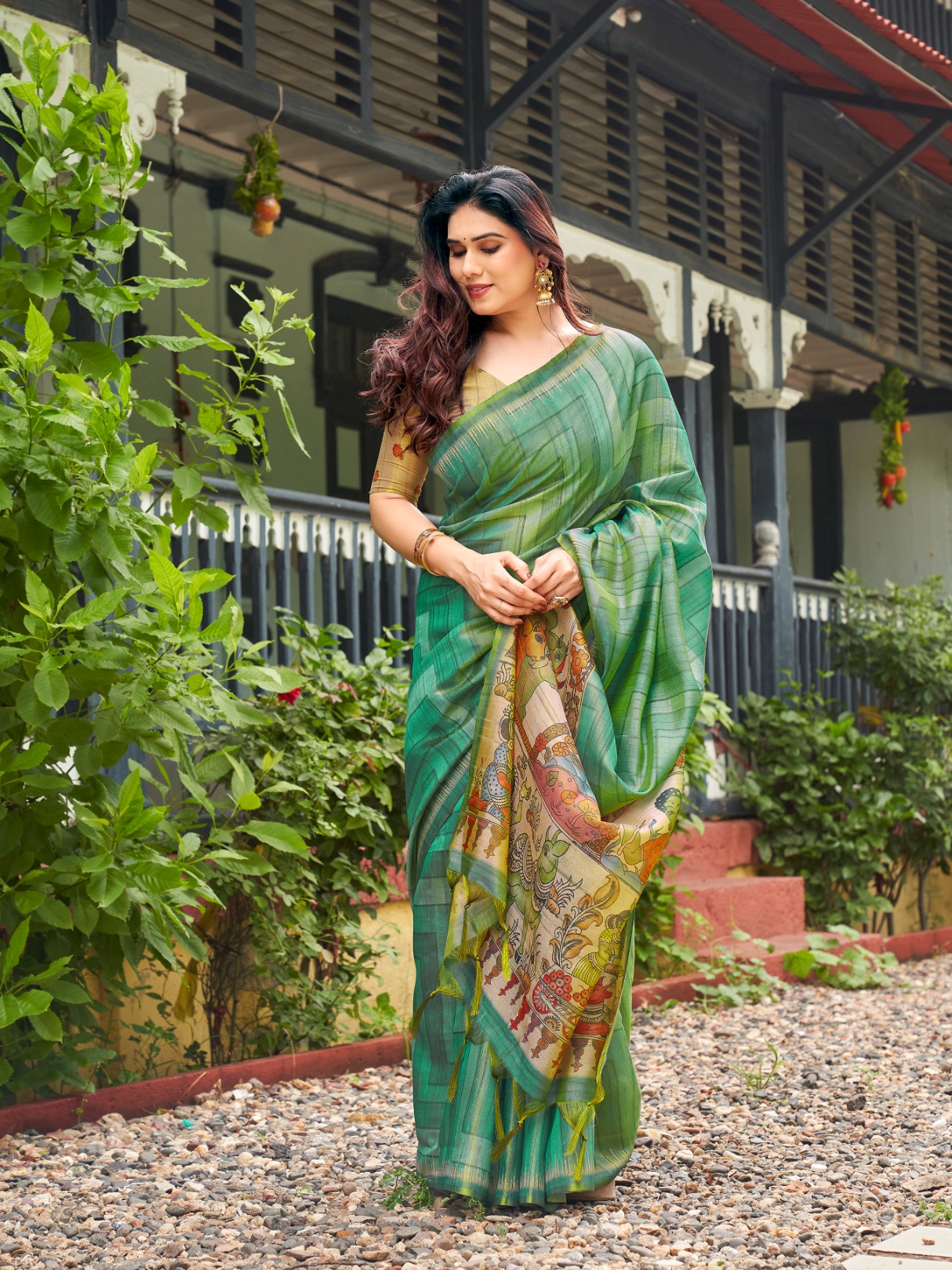 Sea Green Kalamkari Lahariya Tissue Silk Saree