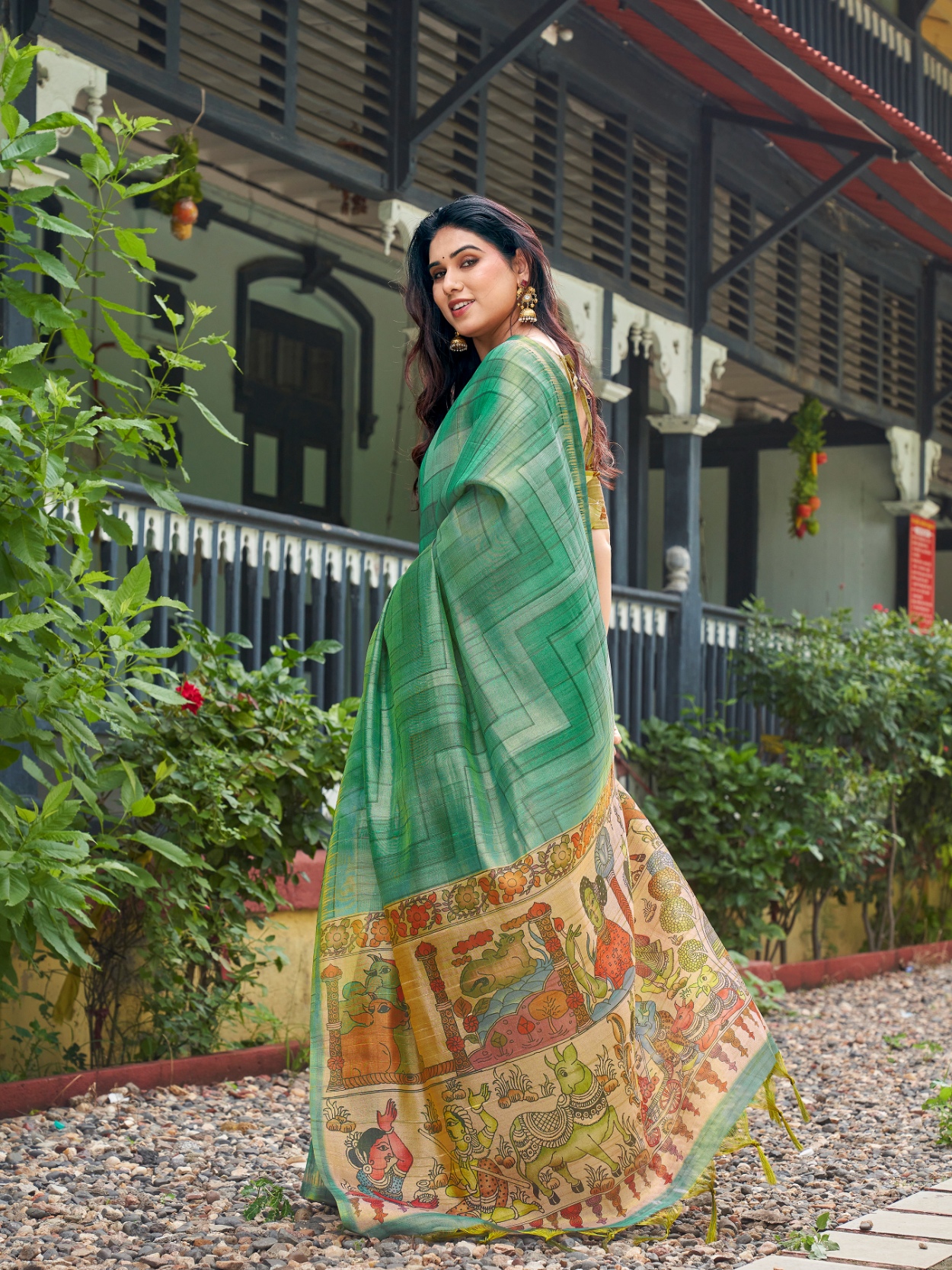 Sea Green Kalamkari Lahariya Tissue Silk Saree — alternate view