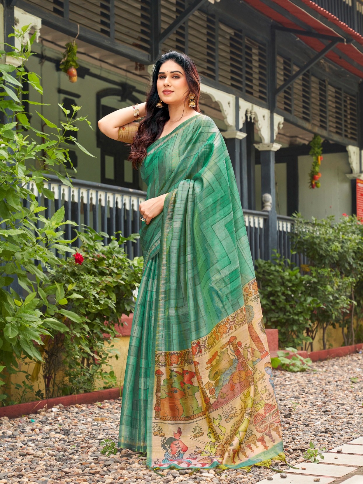 Sea Green Kalamkari Lahariya Tissue Silk Saree
