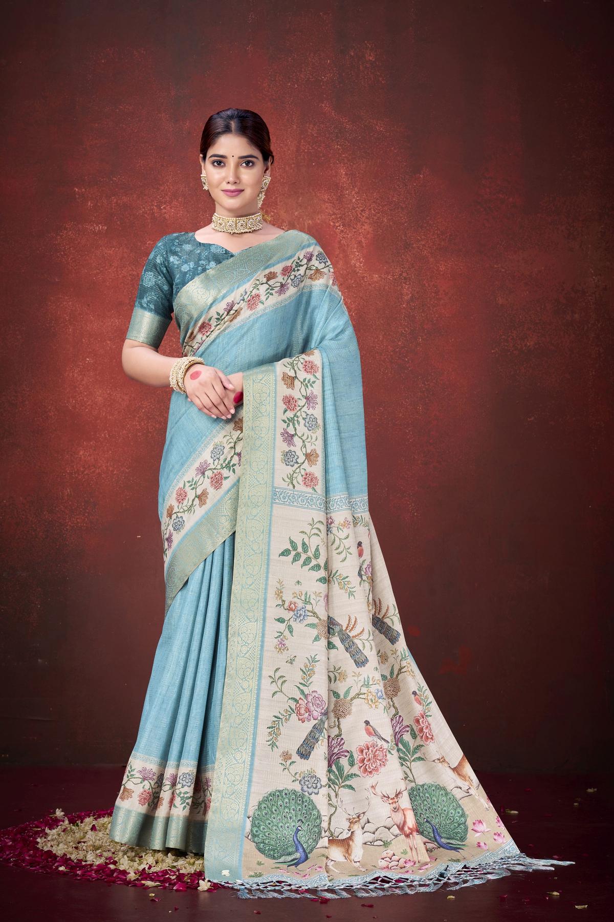 Sea Green Kantha Jari Silk Saree
