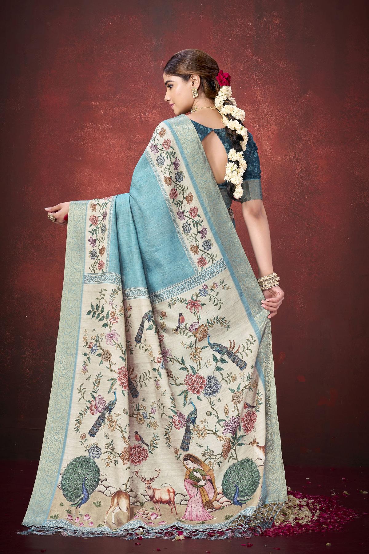 Sea Green Kantha Jari Silk Saree — alternate view