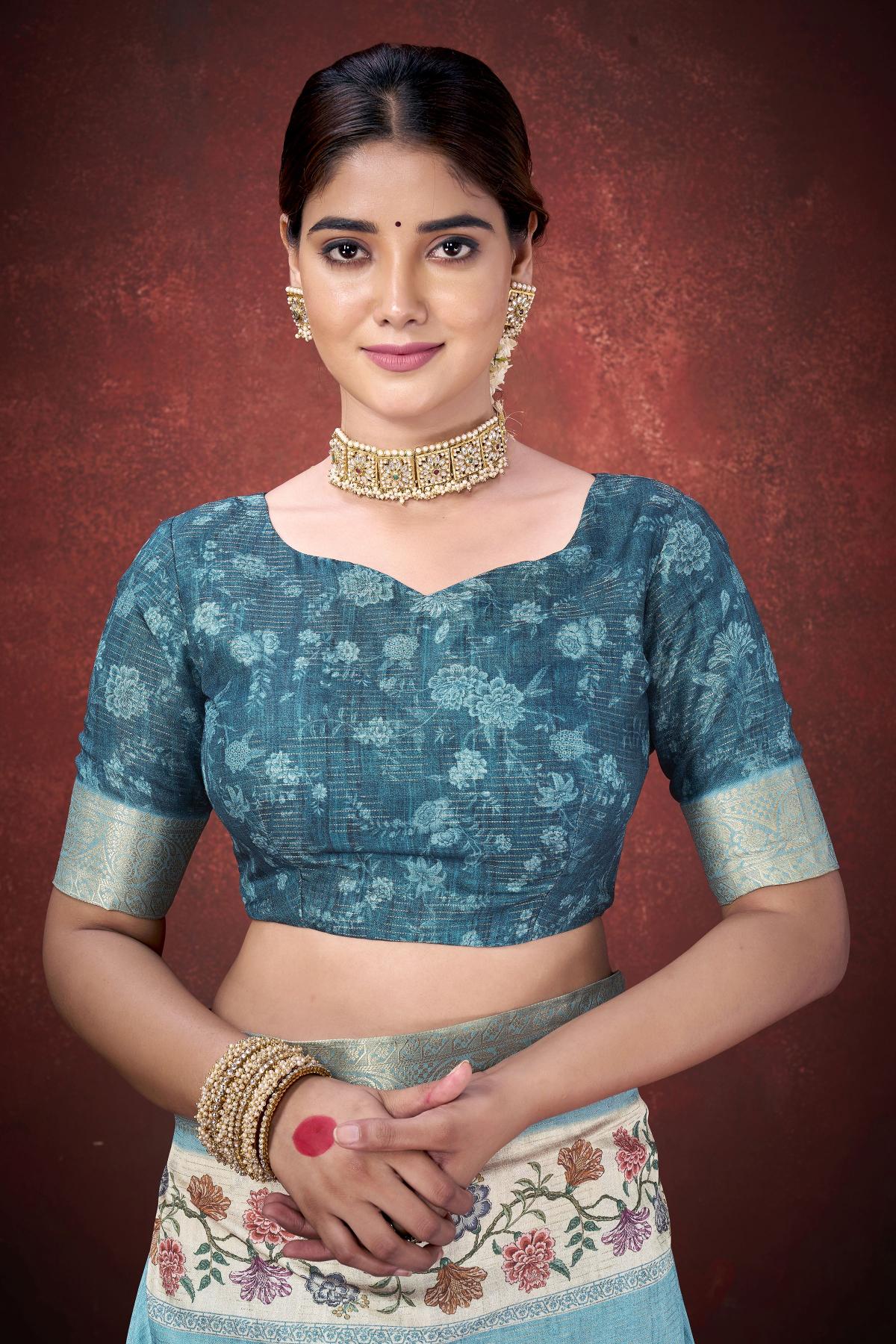 Sea Green Kantha Jari Silk Saree