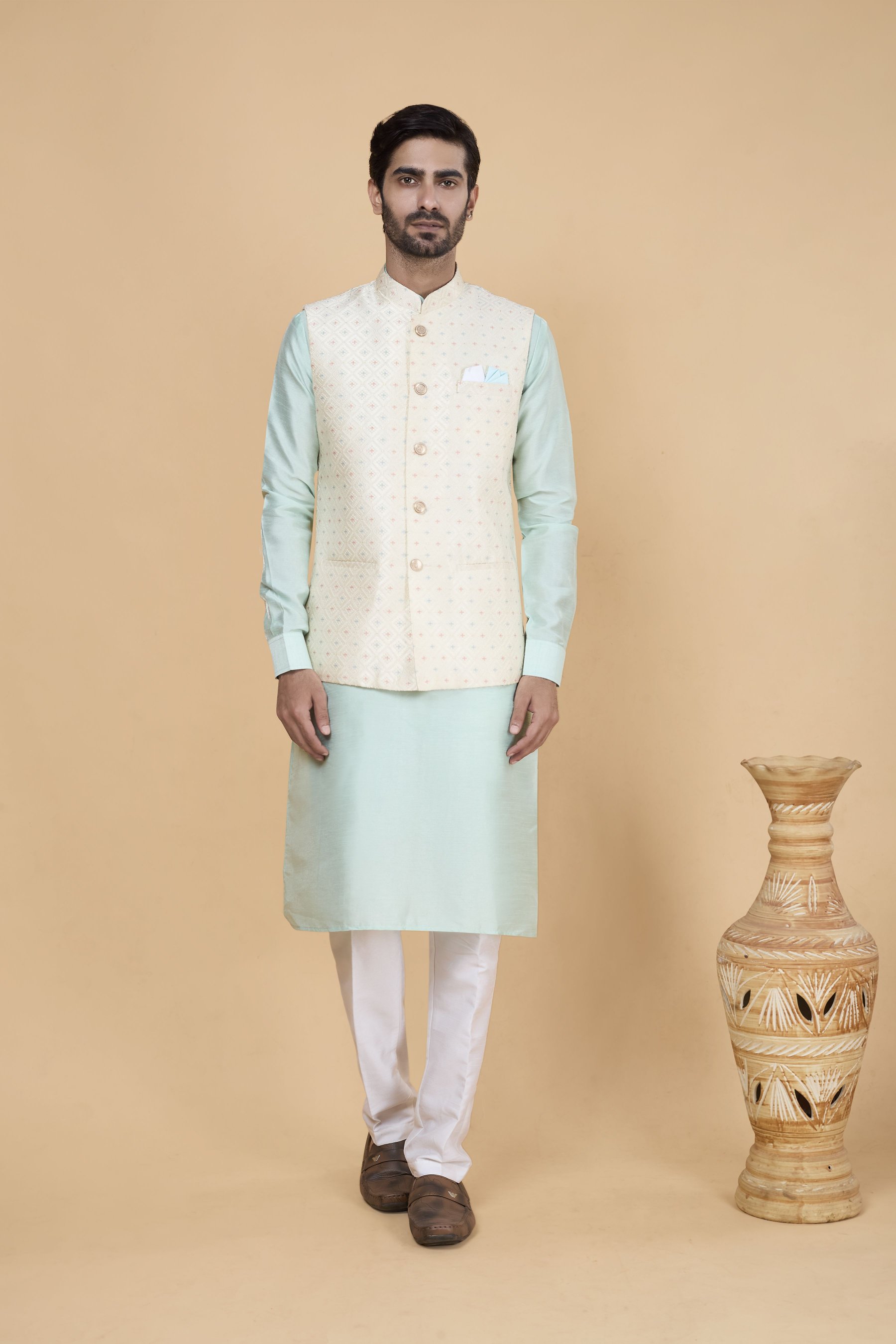 Sea Green Kurta with Cream Jacket Banarasi Silk Kurta Pyjama