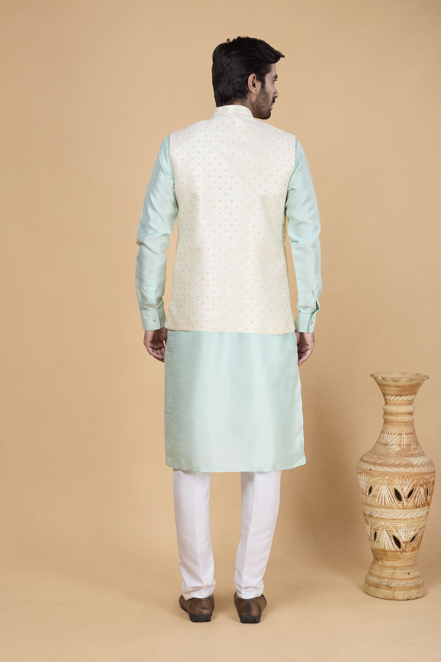 Sea Green Kurta with Cream Jacket Banarasi Silk Kurta Pyjama — alternate view