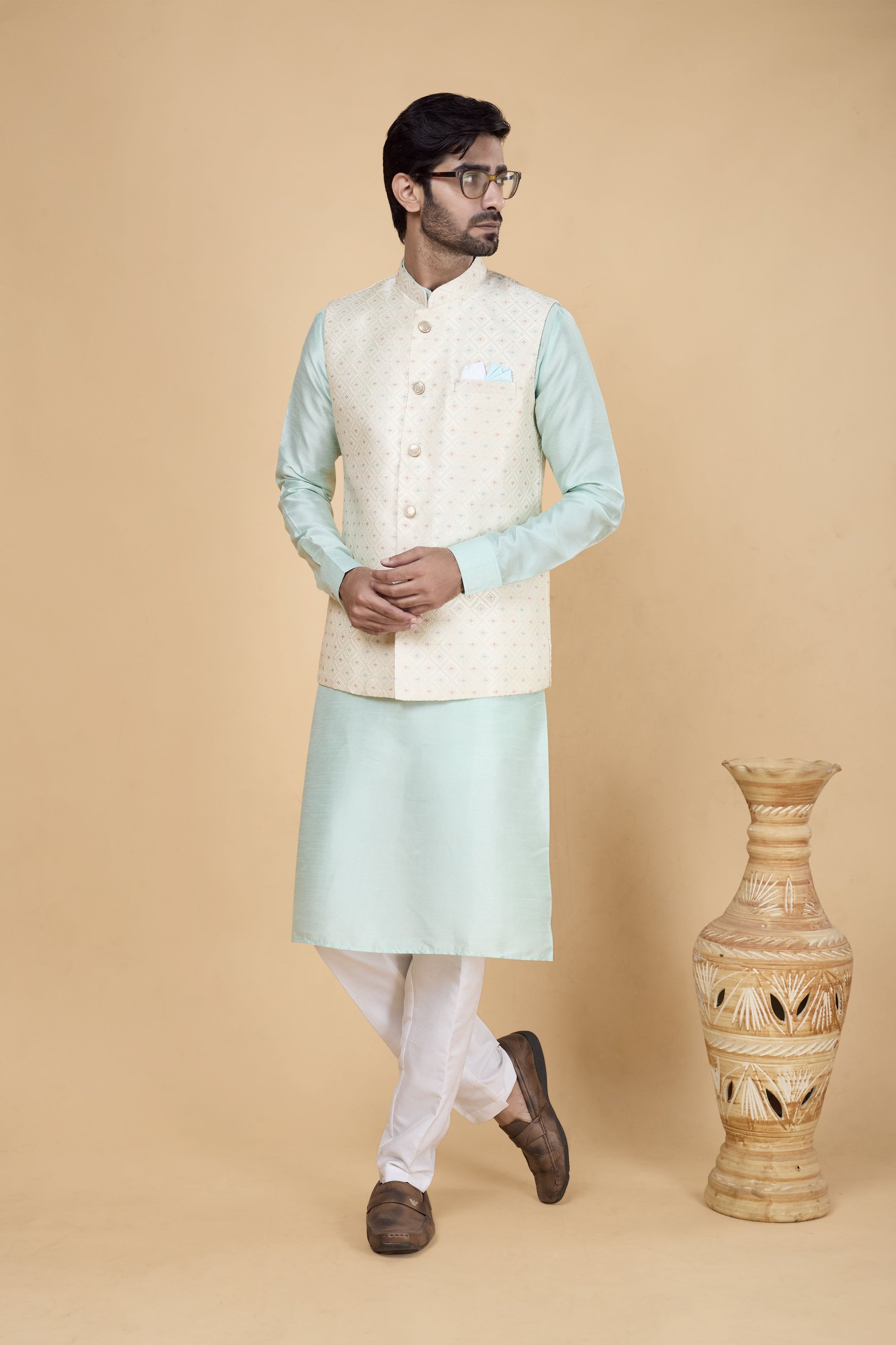 Sea Green Kurta with Cream Jacket Banarasi Silk Kurta Pyjama