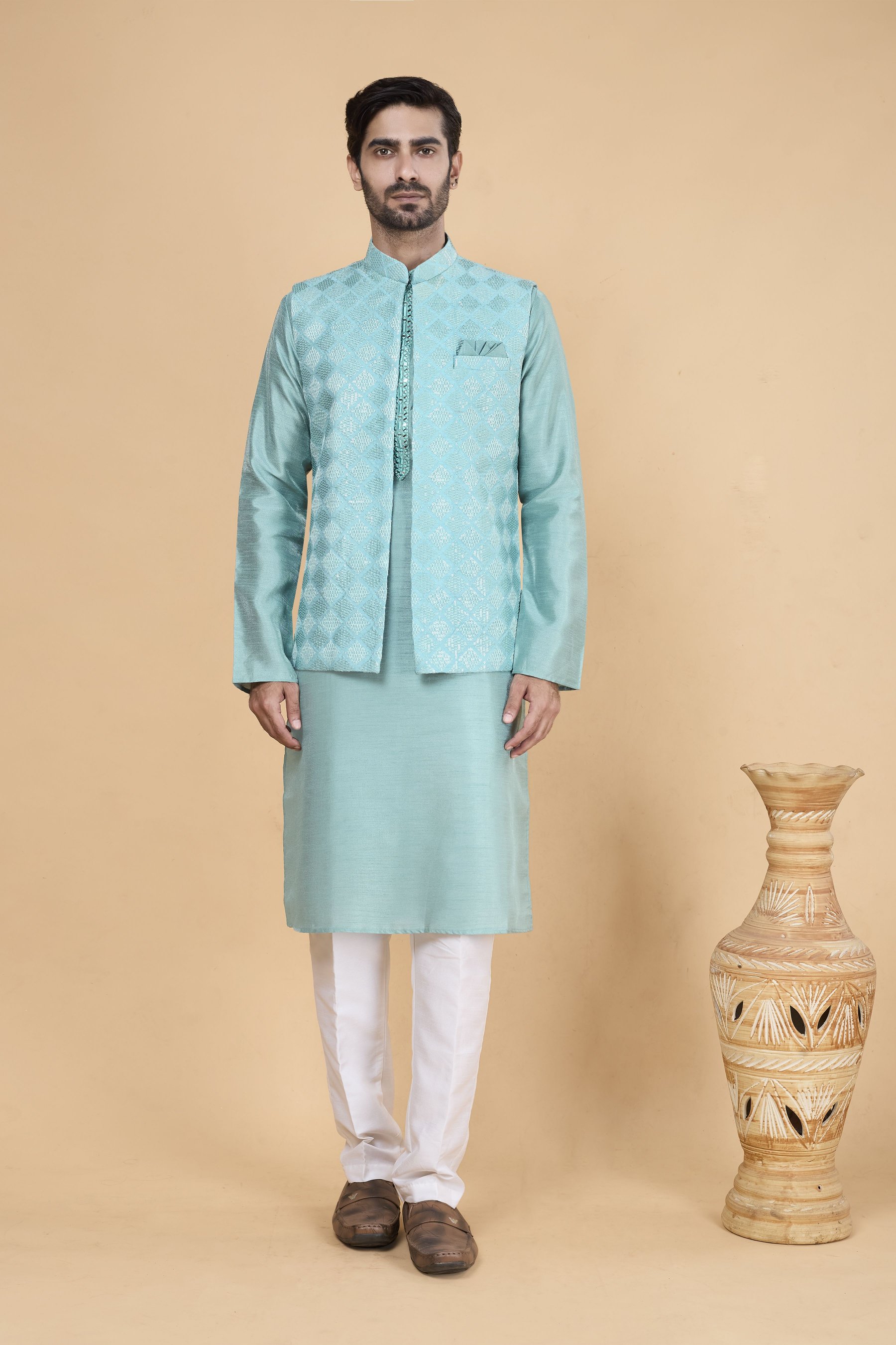 Sea Green Kurta with Sea Green Jacket Banarasi Silk Kurta Pyjama