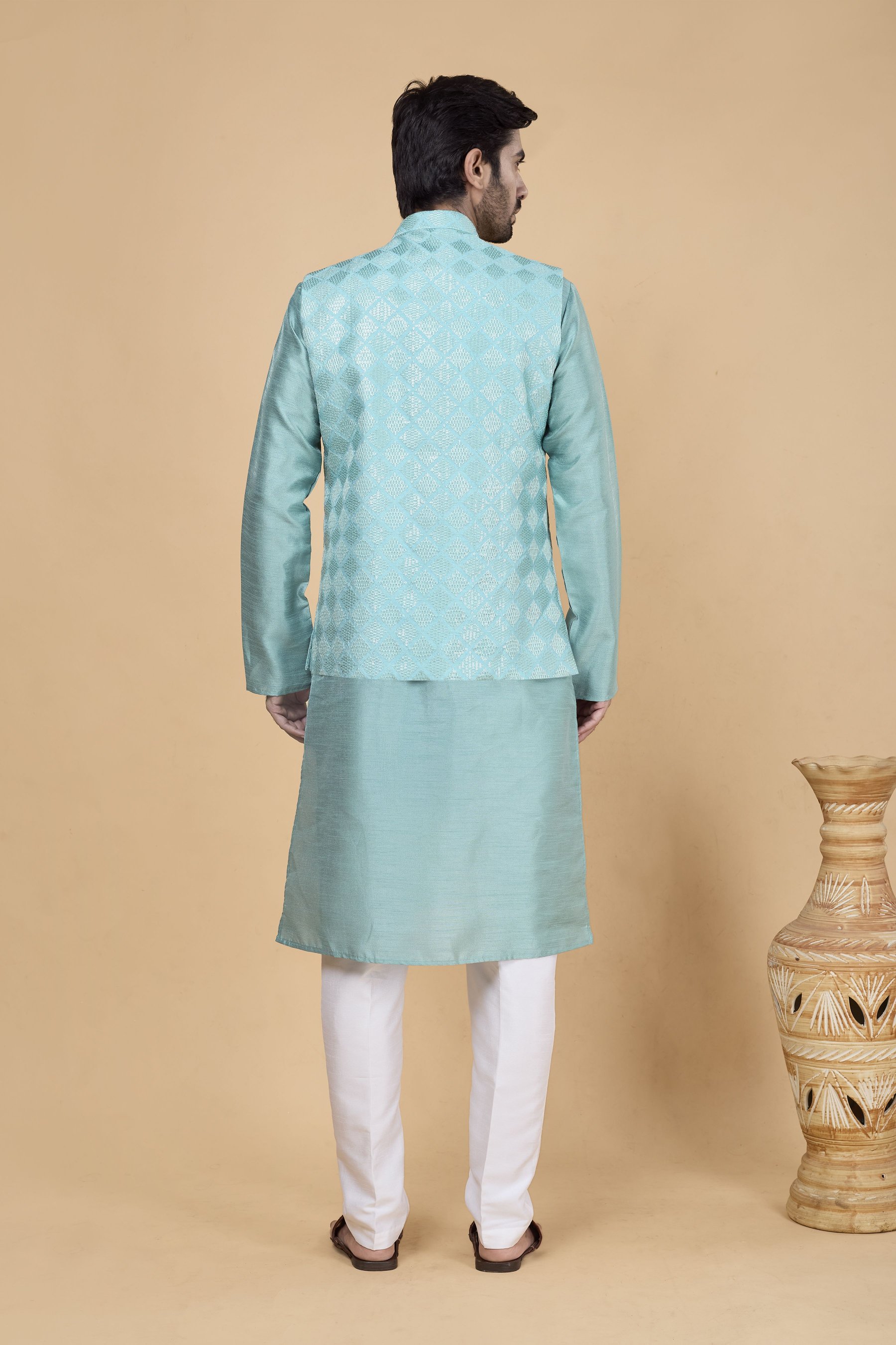 Sea Green Kurta with Sea Green Jacket Banarasi Silk Kurta Pyjama — alternate view