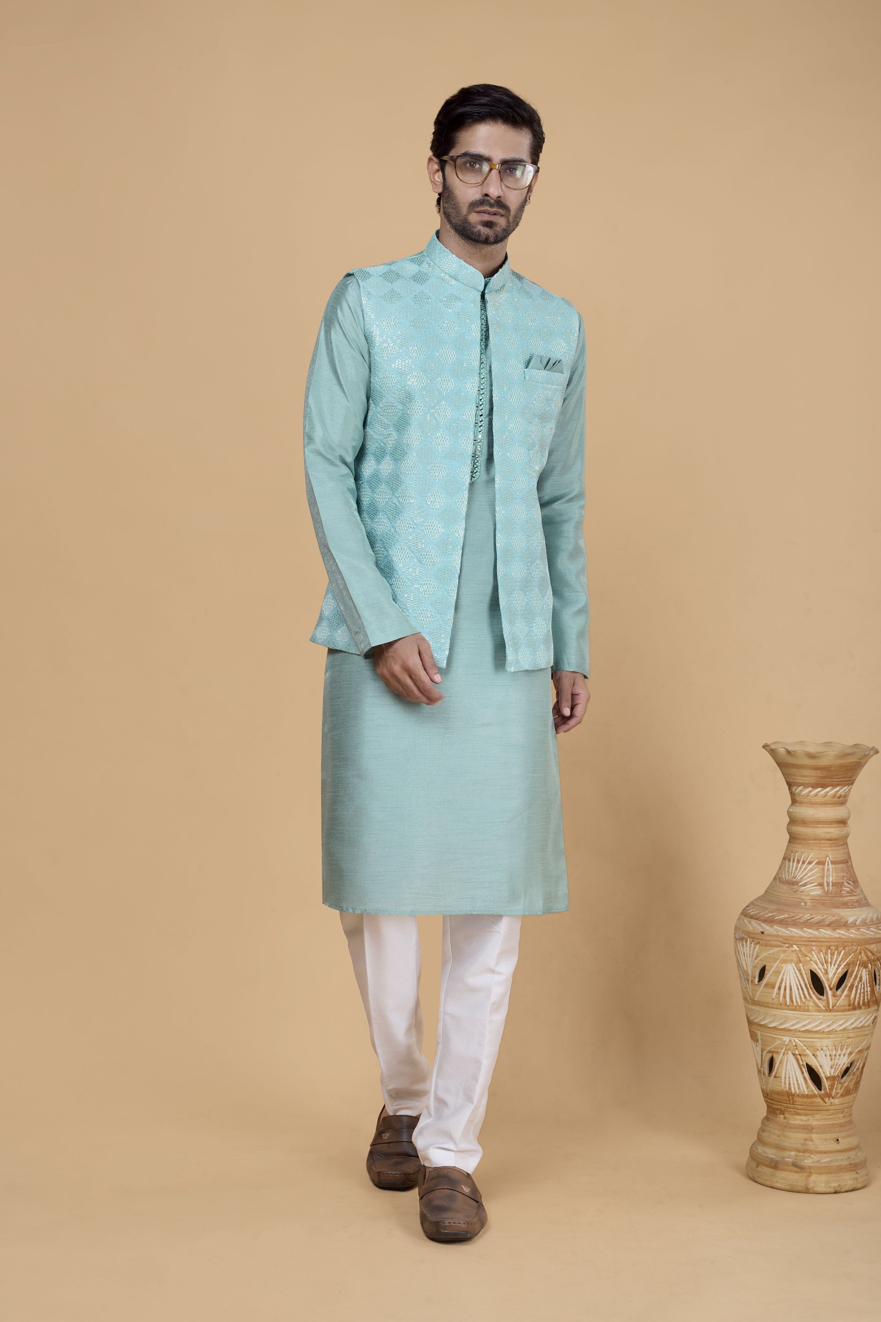 Sea Green Kurta with Sea Green Jacket Banarasi Silk Kurta Pyjama