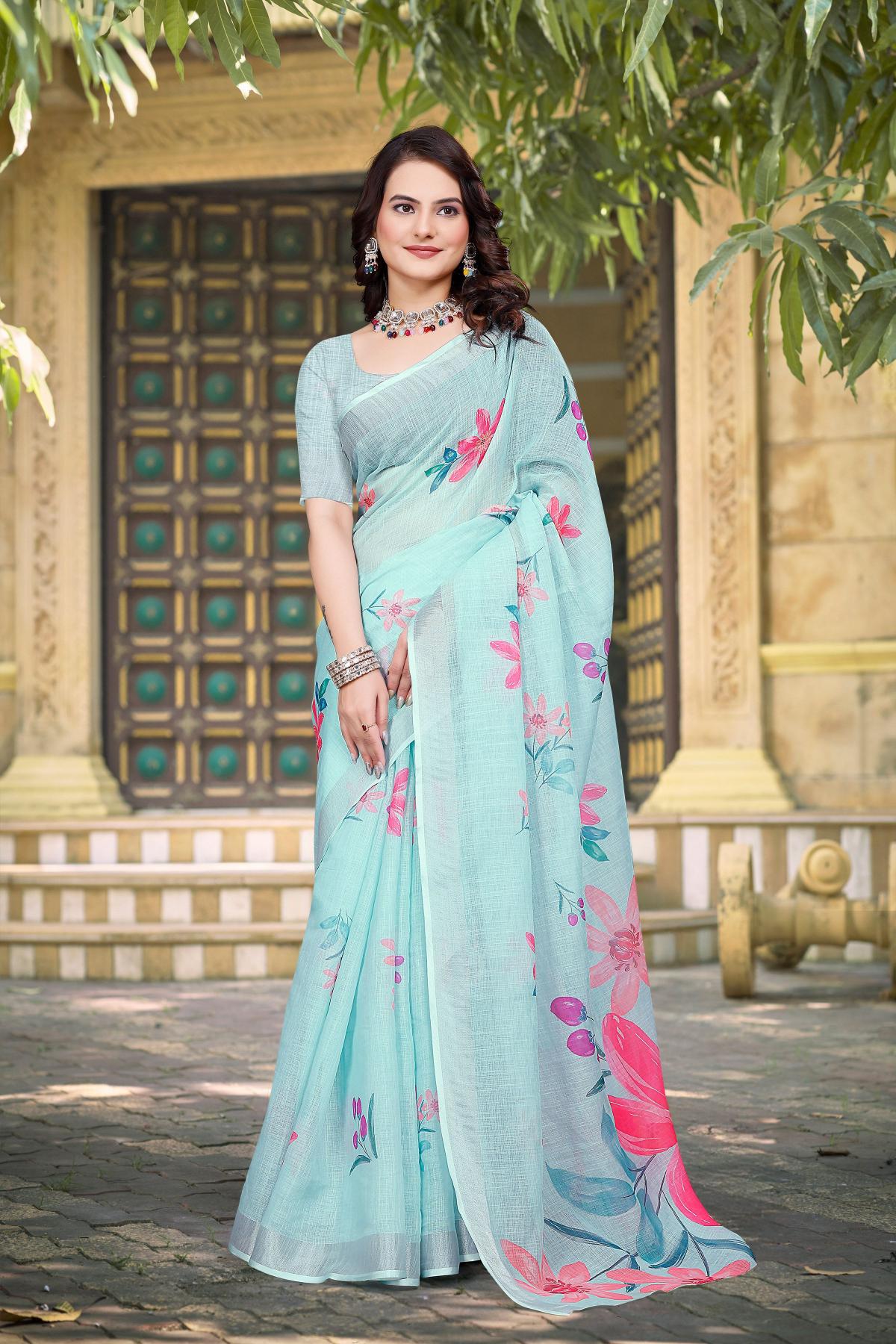 Sea Green Linen Cotton Saree