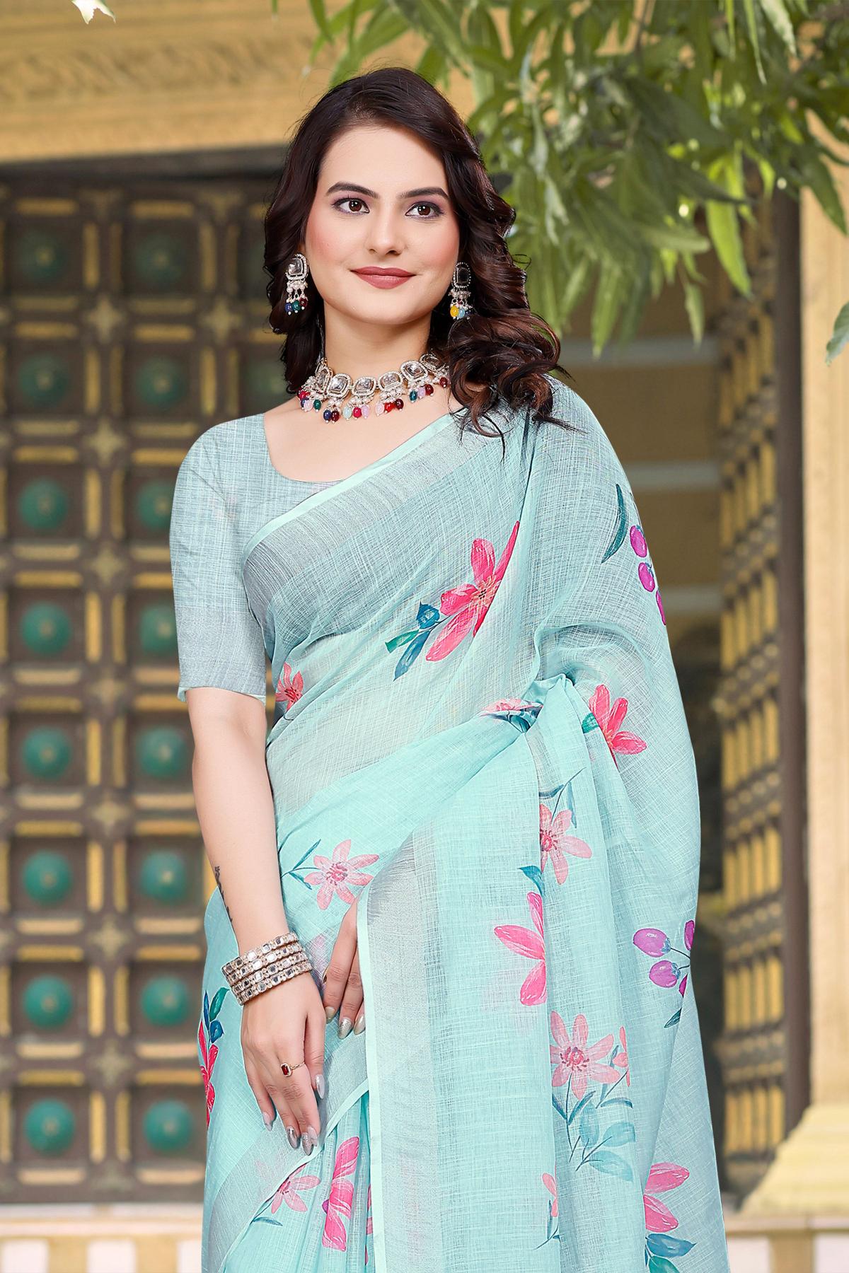 Sea Green Linen Cotton Saree — alternate view