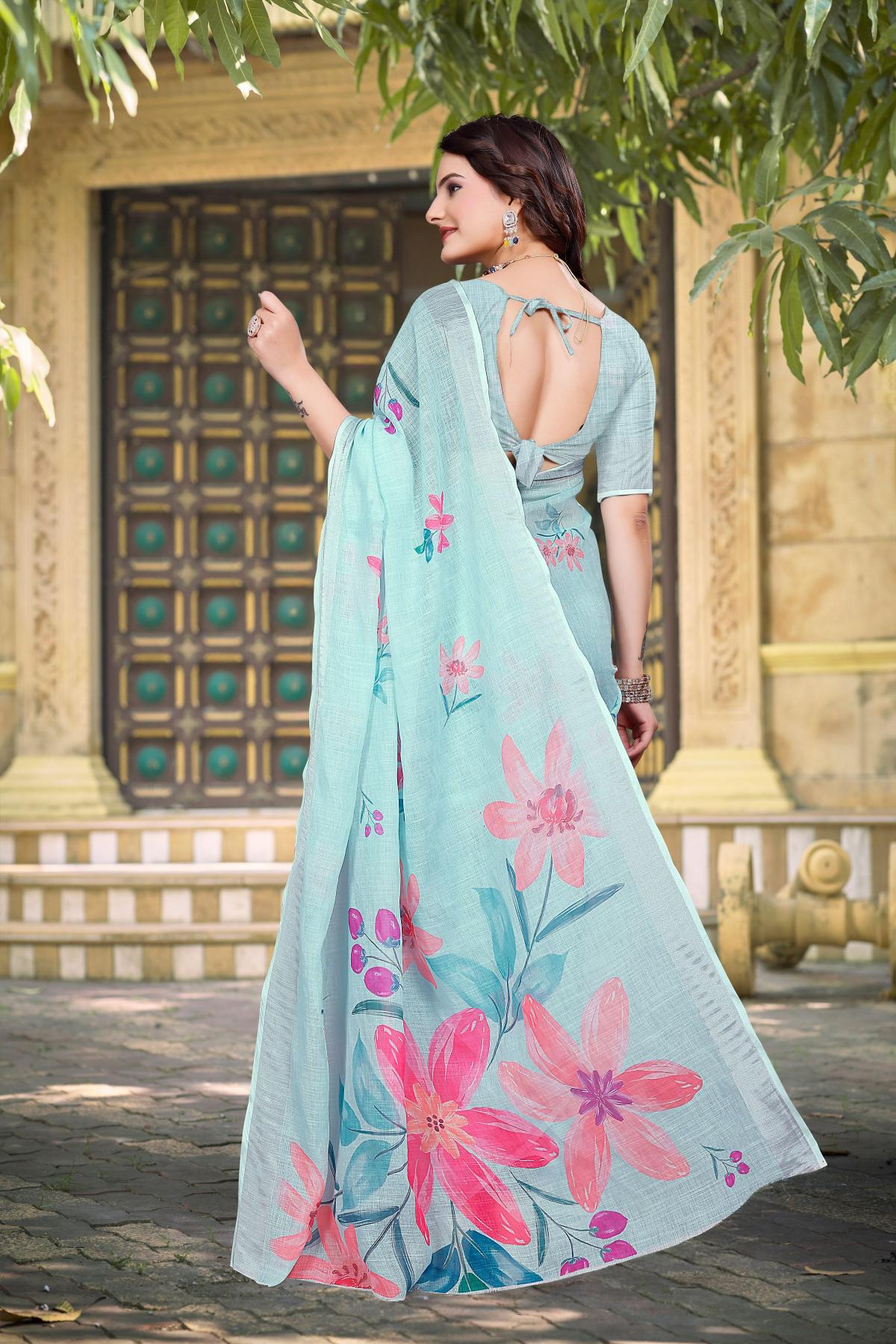 Sea Green Linen Cotton Saree