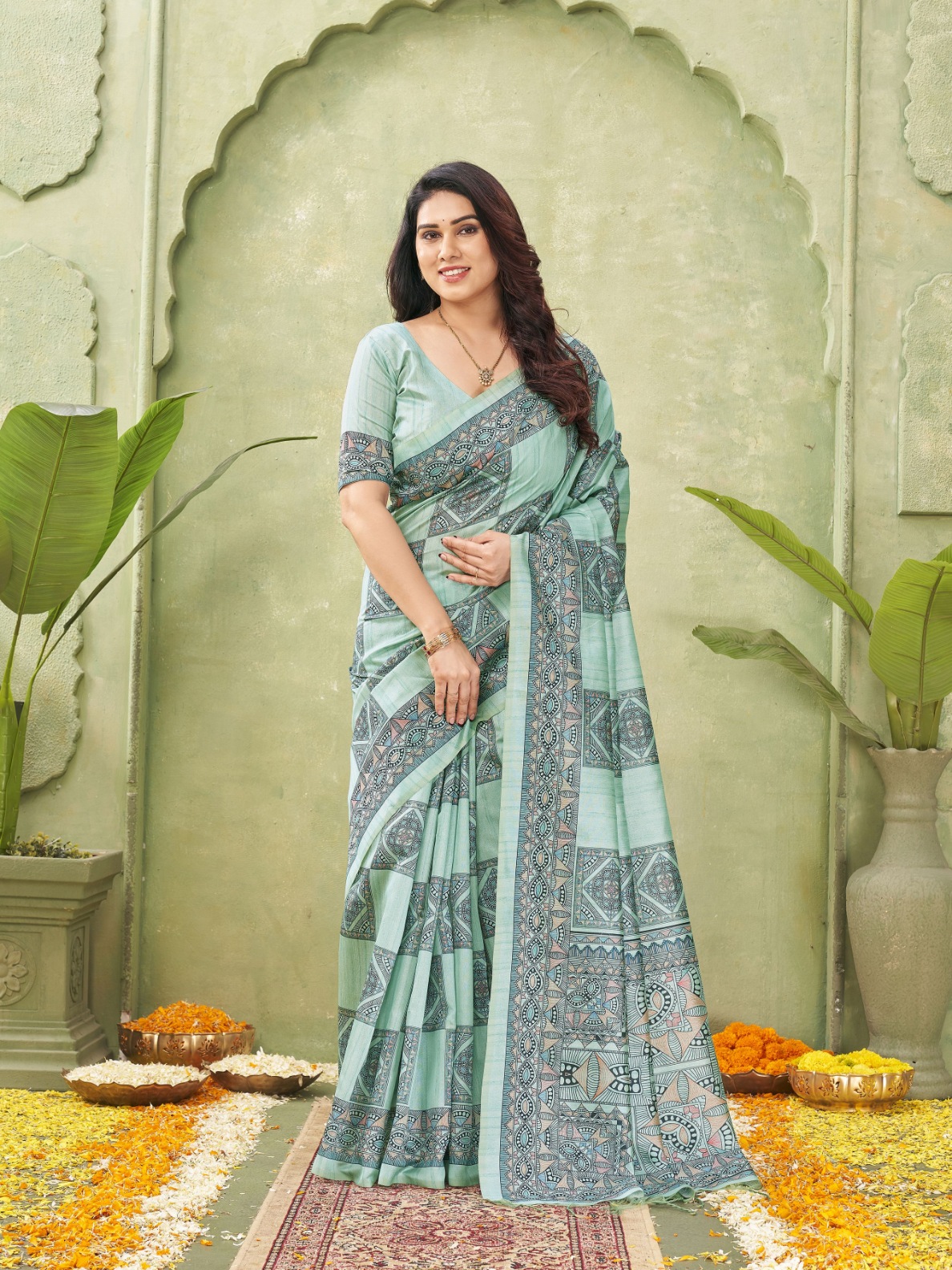 Sea Green Madhubani Printed Tussar Silk Saree