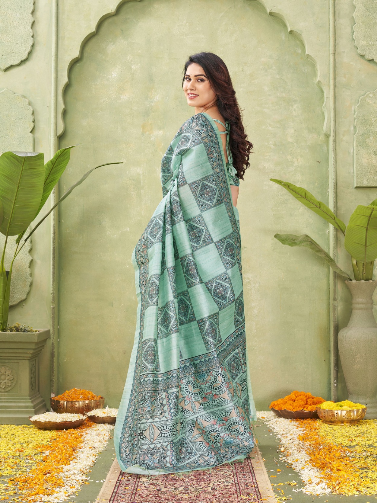 Sea Green Madhubani Printed Tussar Silk Saree — alternate view