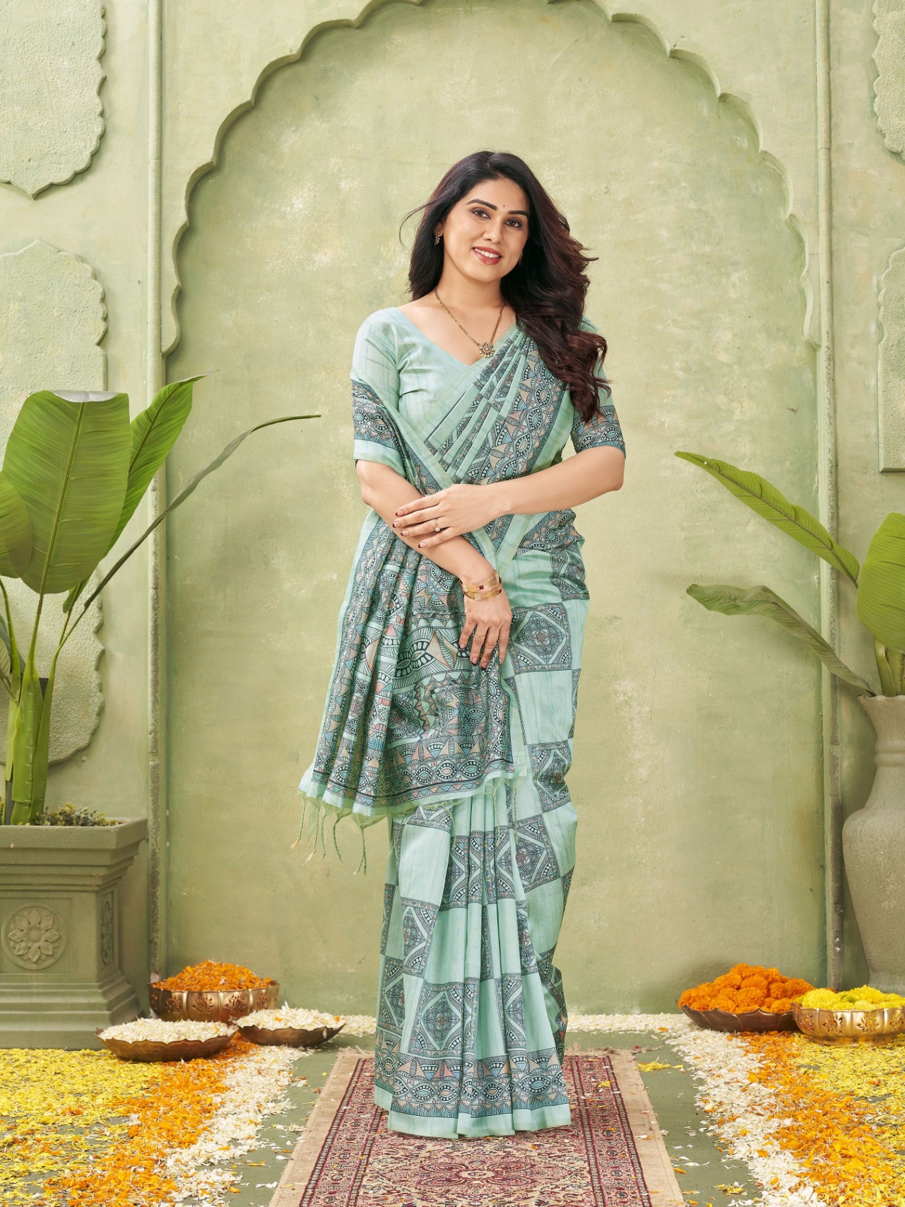 Sea Green Madhubani Printed Tussar Silk Saree