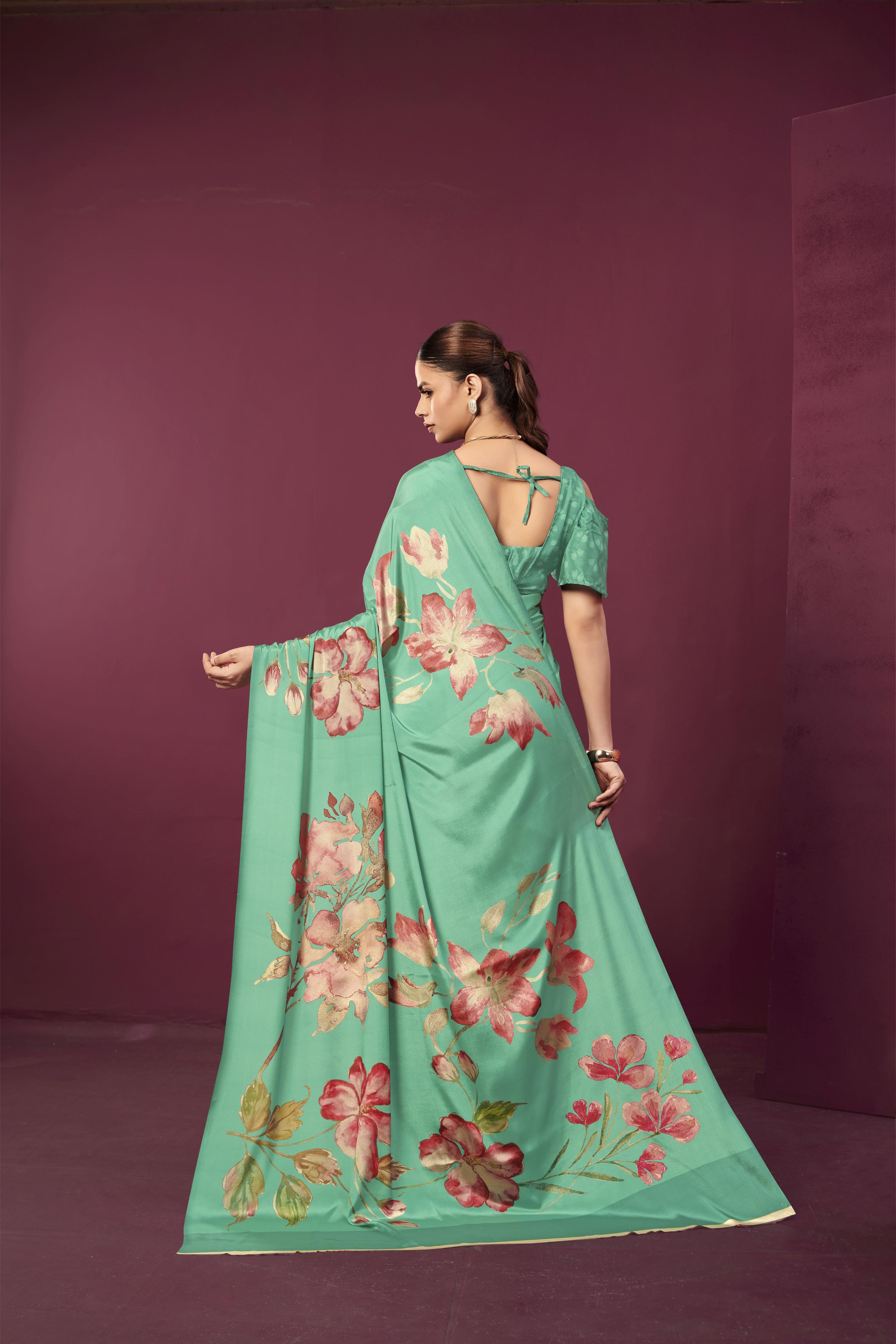 Sea Green Malai Crepe Silk Saree — alternate view