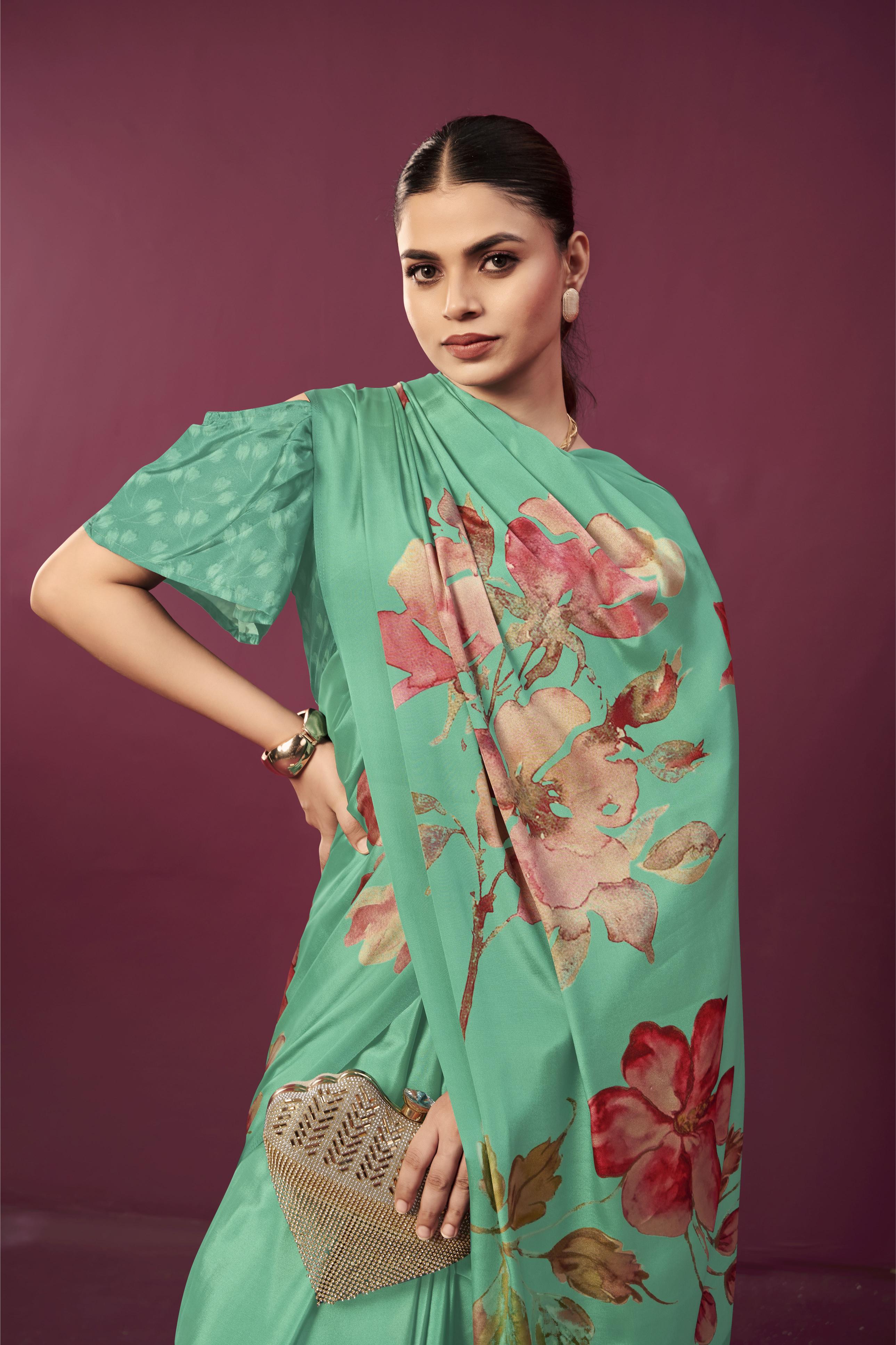 Sea Green Malai Crepe Silk Saree