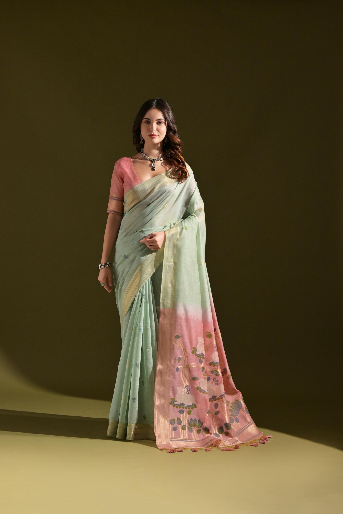 Sea Green Muga Cotton Saree