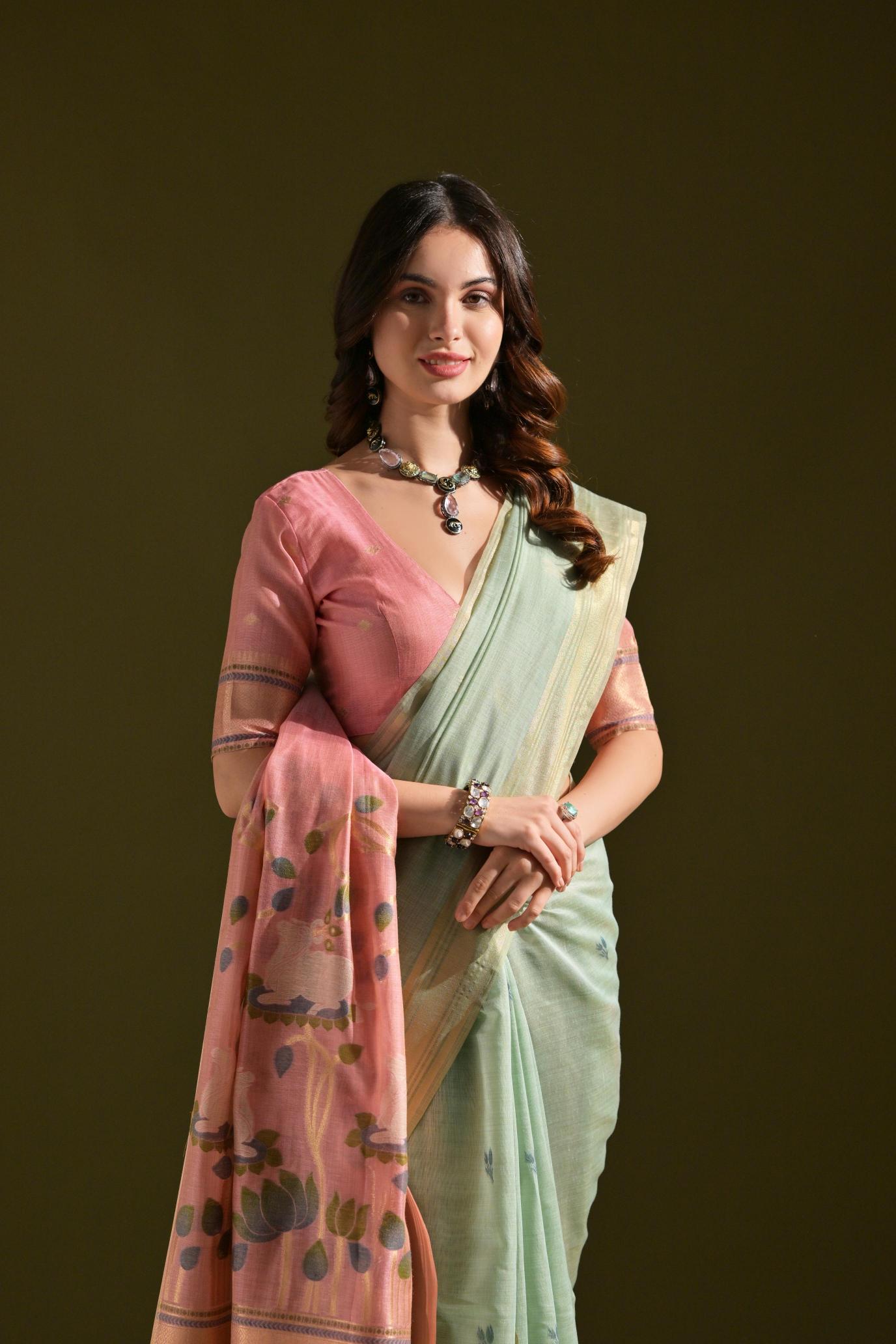 Sea Green Muga Cotton Saree — alternate view