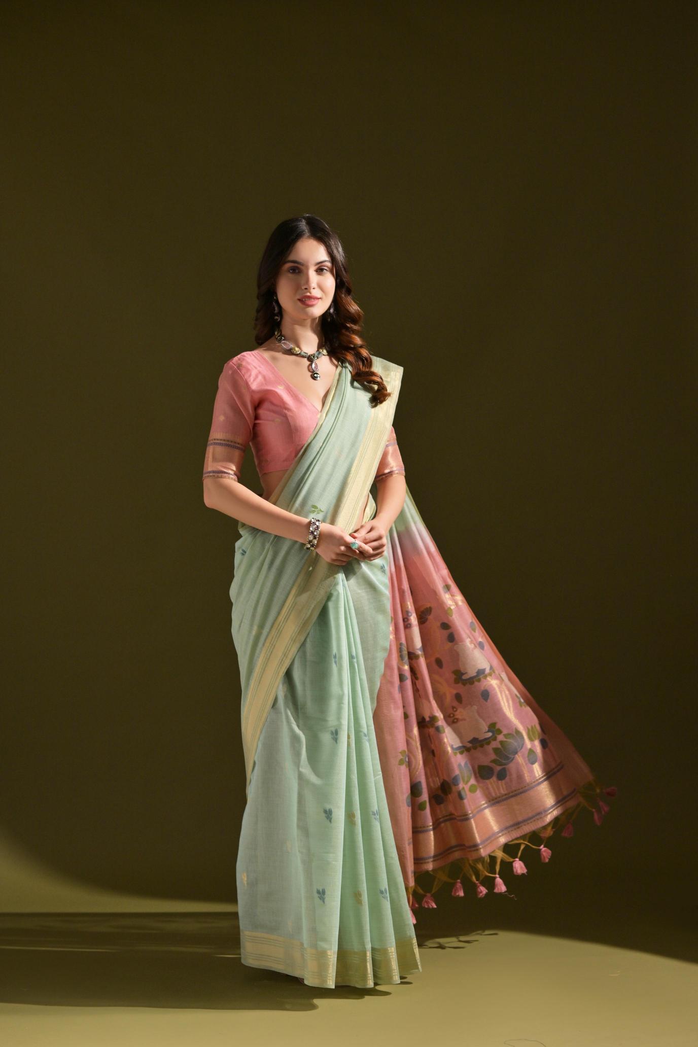Sea Green Muga Cotton Saree