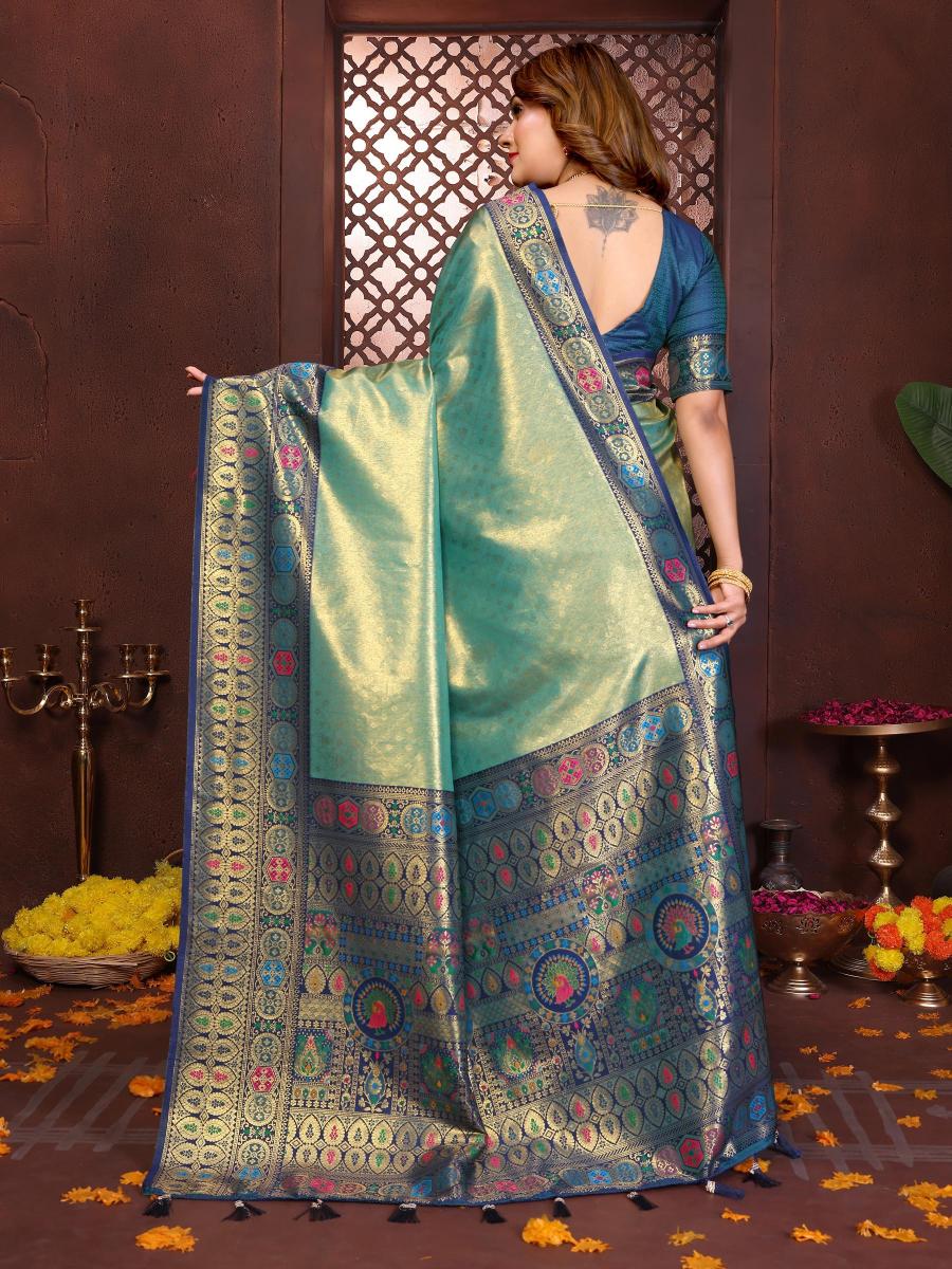 Sea Green N Blue Banarasi Tissue Silk Saree — alternate view