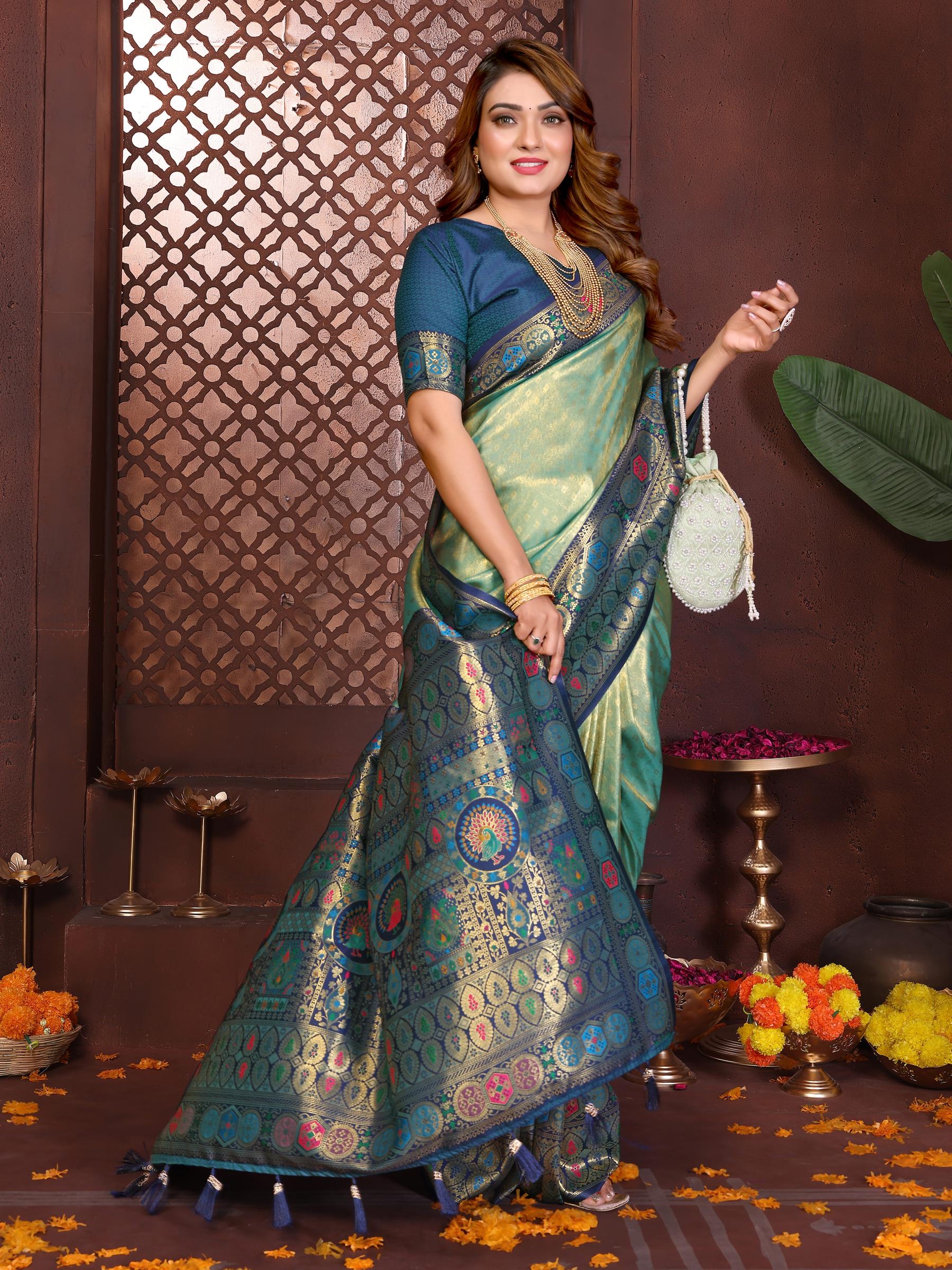 Sea Green N Blue Banarasi Tissue Silk Saree