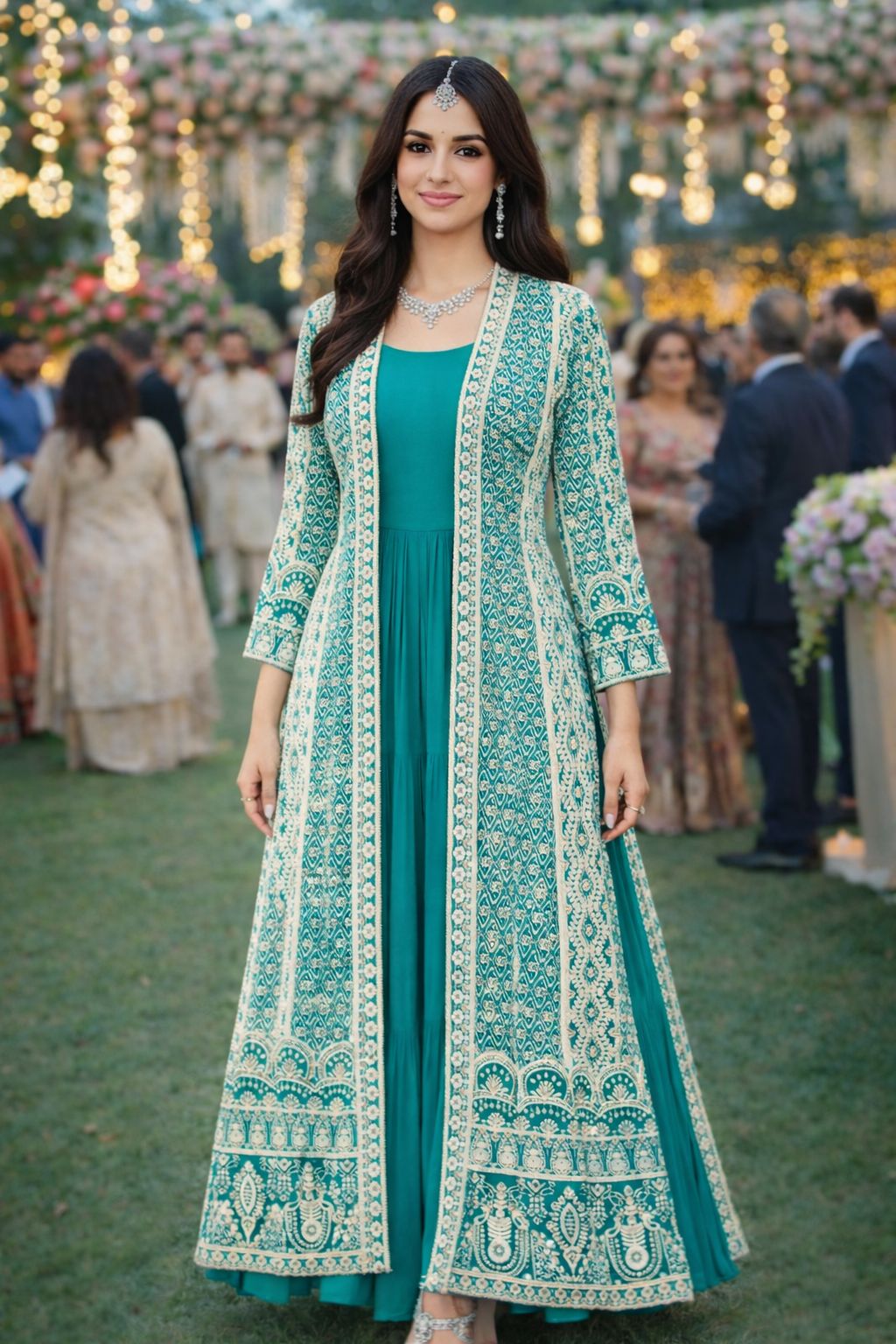 Sea Green N Off-White Chinon Embroidered Gown