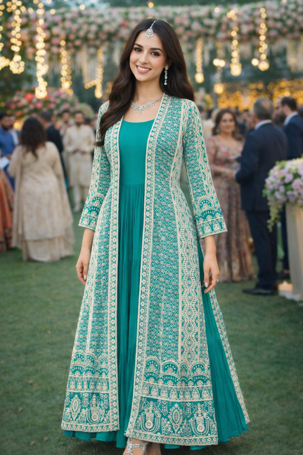 Sea Green N Off-White Chinon Embroidered Gown