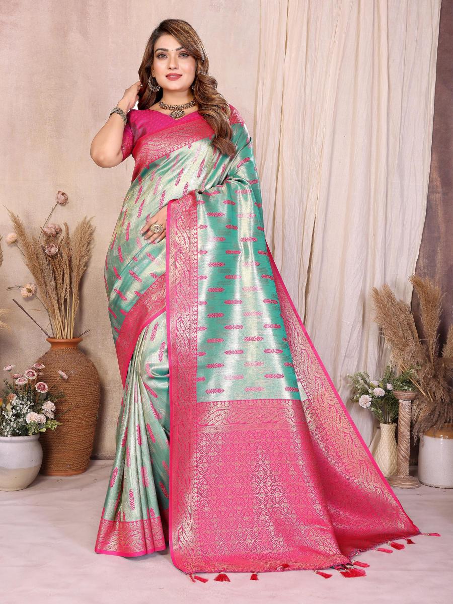Sea Green N Pink Banarasi Tissue Silk Saree