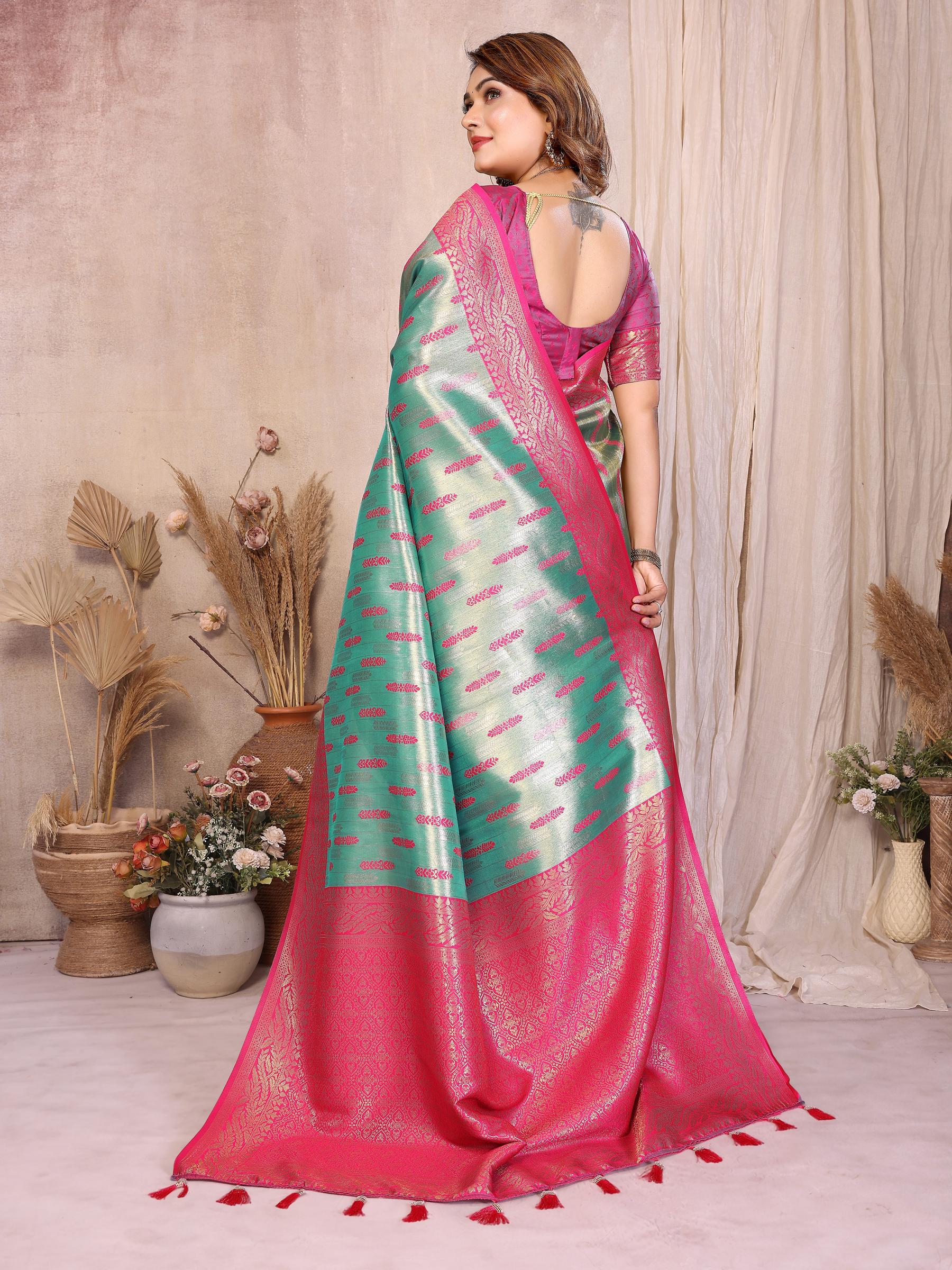 Sea Green N Pink Banarasi Tissue Silk Saree — alternate view