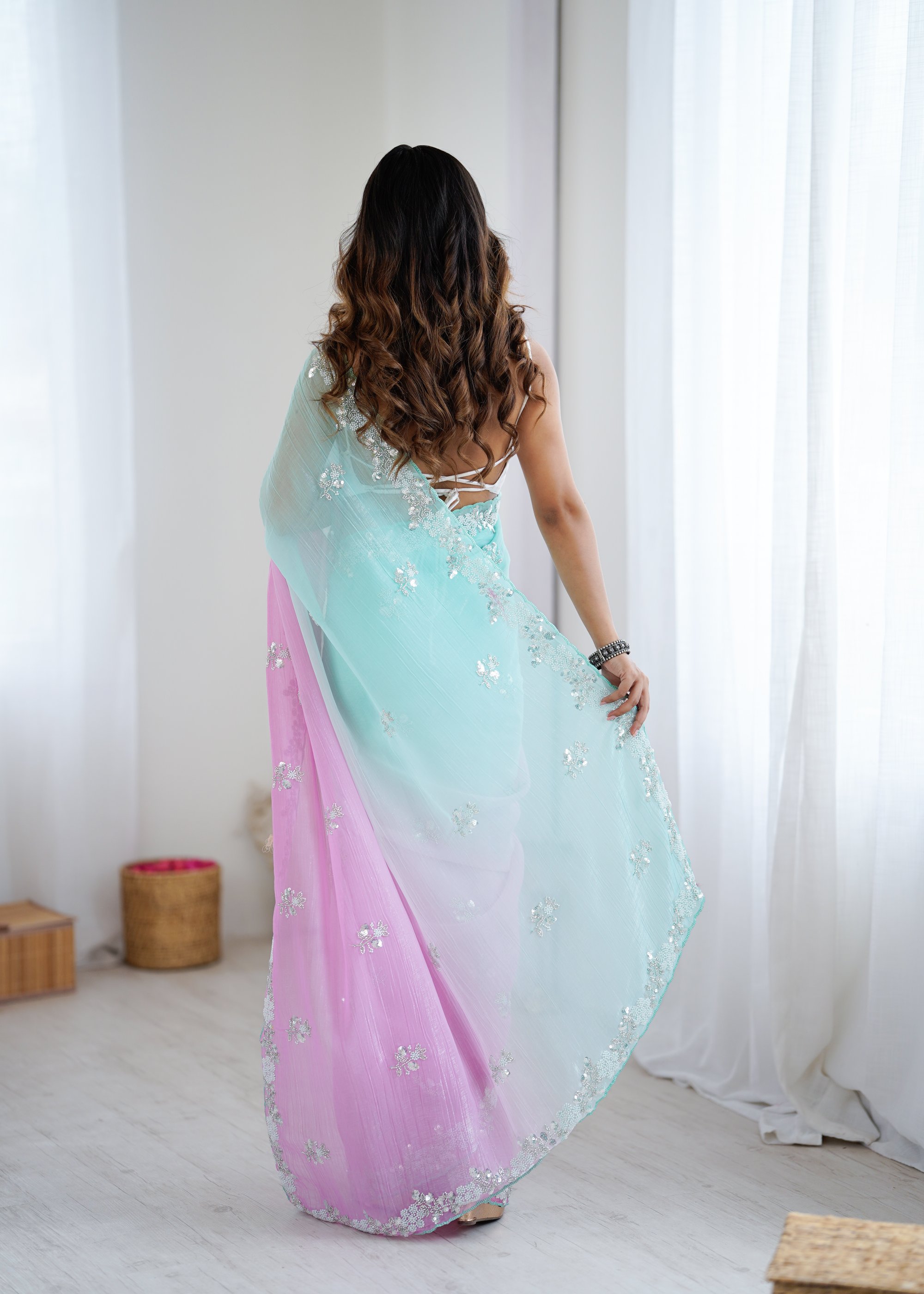 Sea Green N Pink Chiffon Crush Saree with Sequin N Bead Work — alternate view
