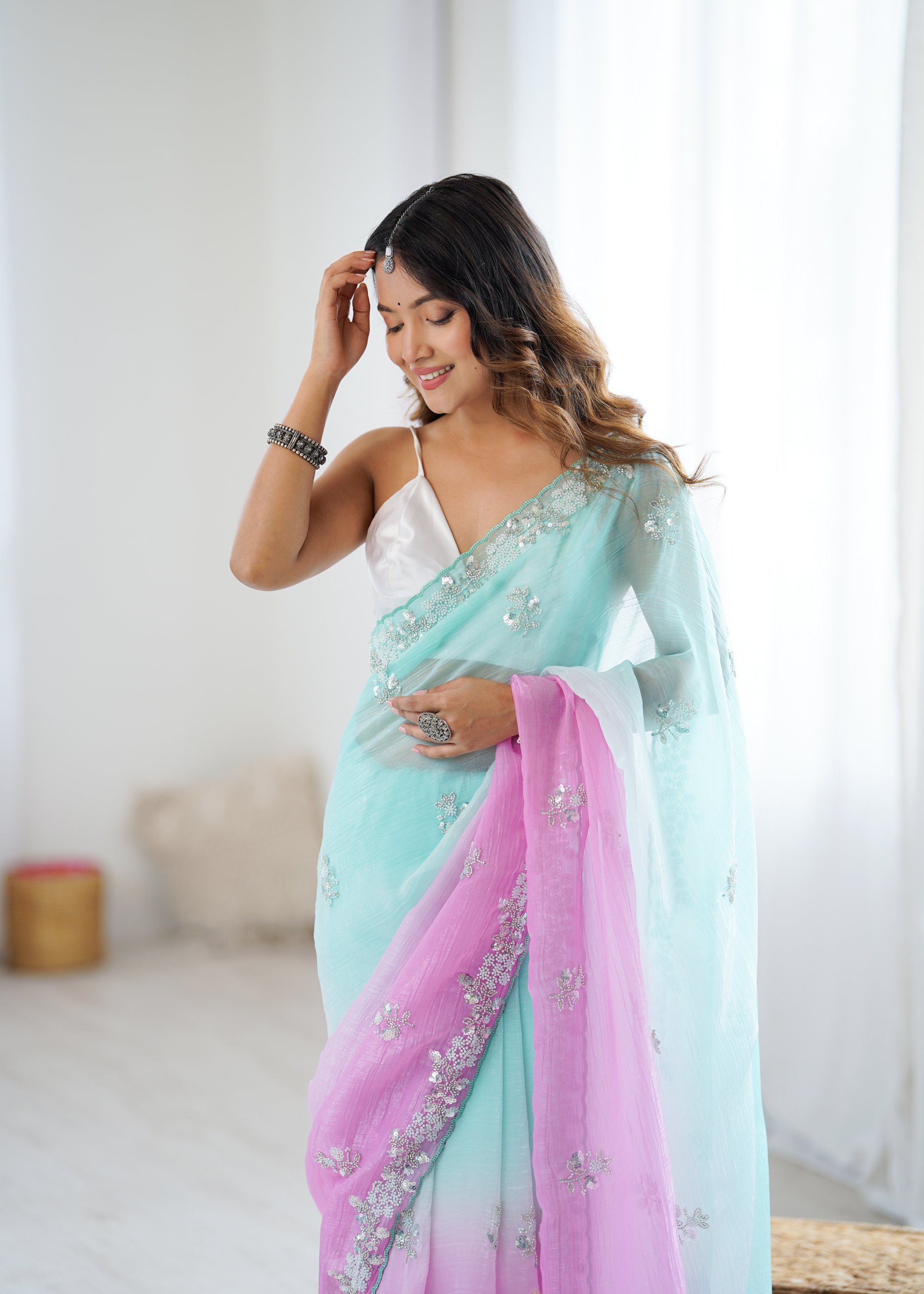 Sea Green N Pink Chiffon Crush Saree with Sequin N Bead Work