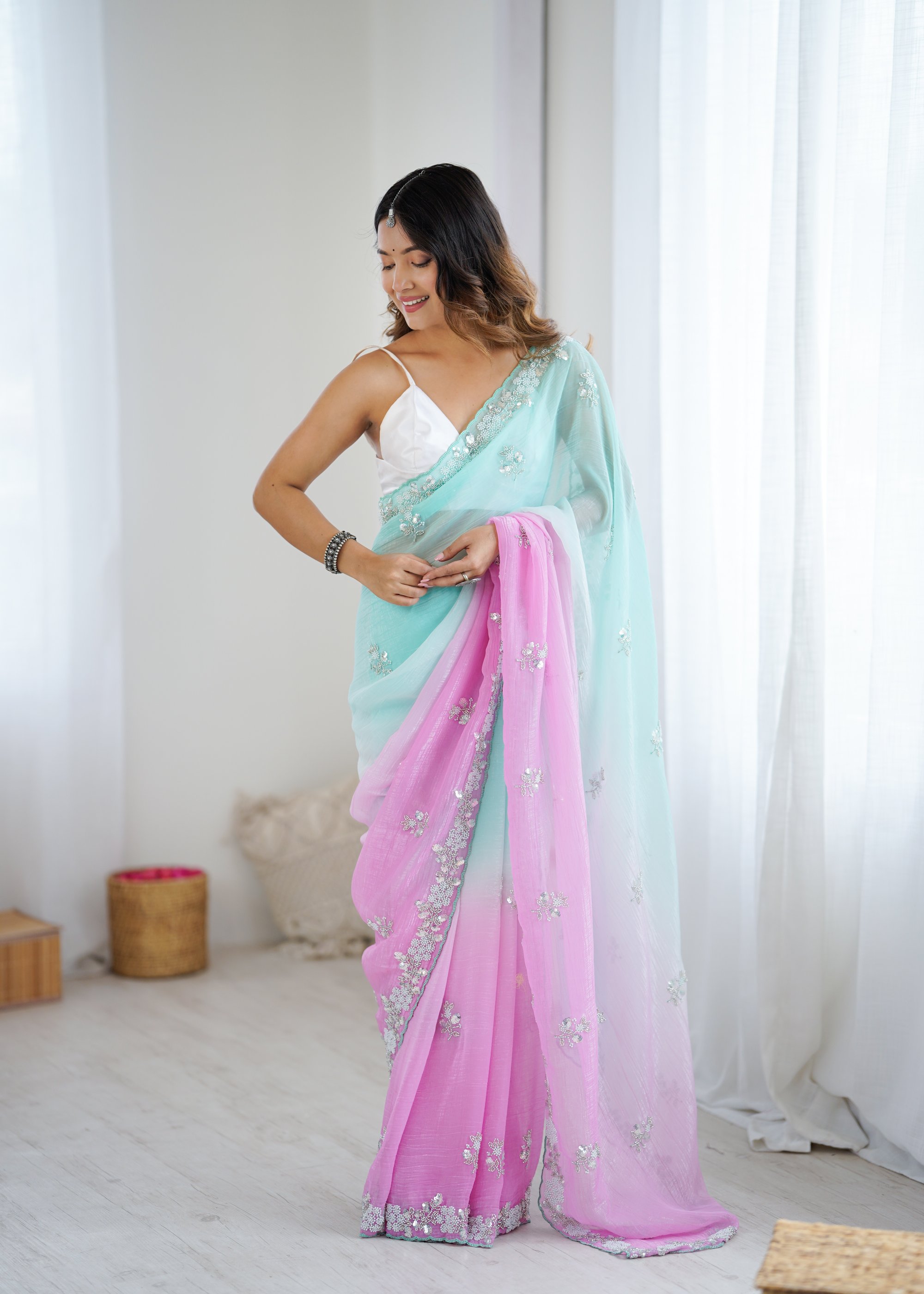 Sea Green N Pink Chiffon Crush Saree with Sequin N Bead Work