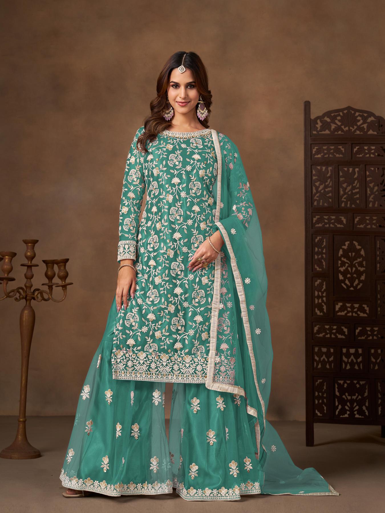 Sea Green Net Designer Embroidery Palazzo Suit