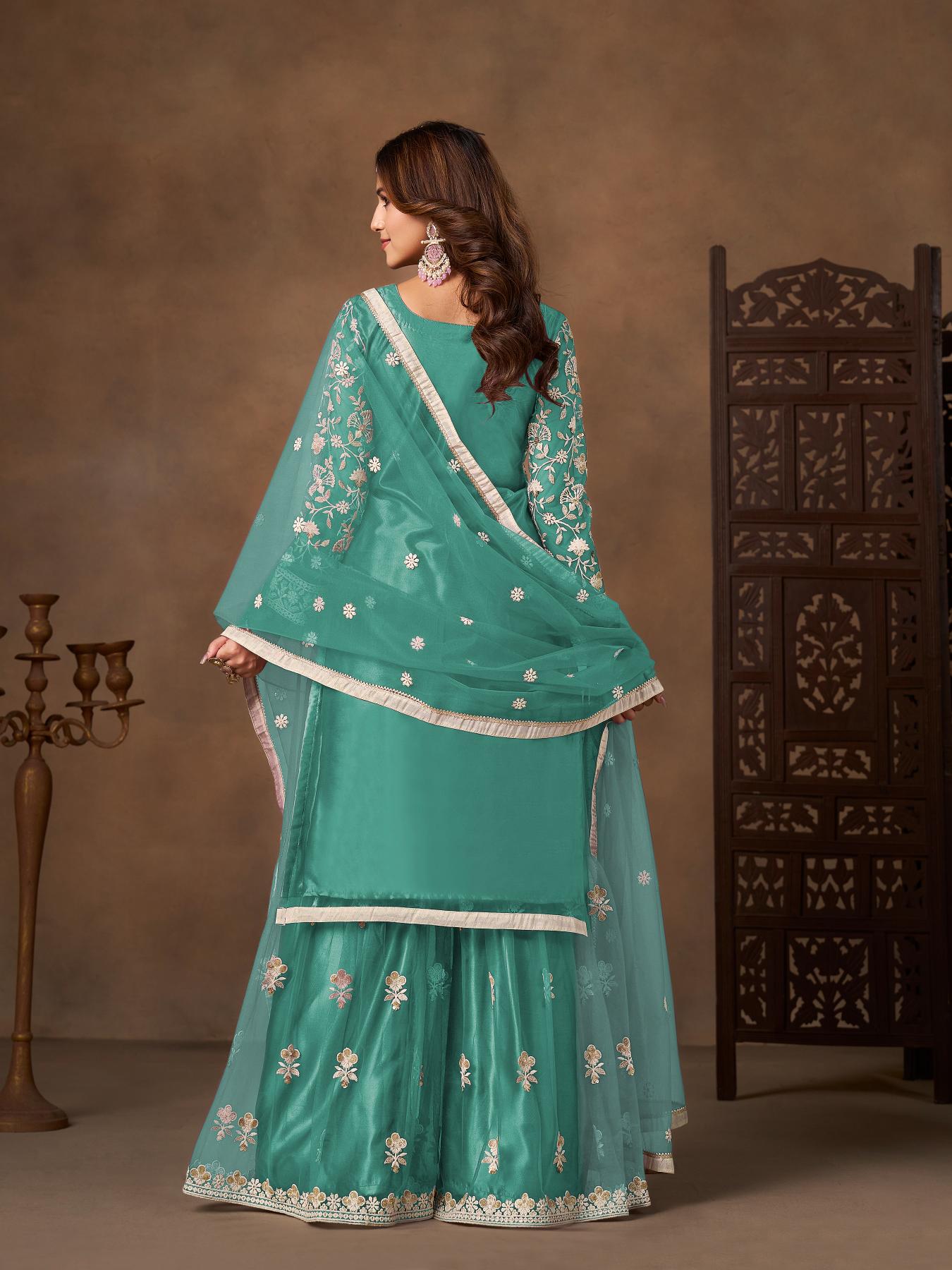 Sea Green Net Designer Embroidery Palazzo Suit — alternate view