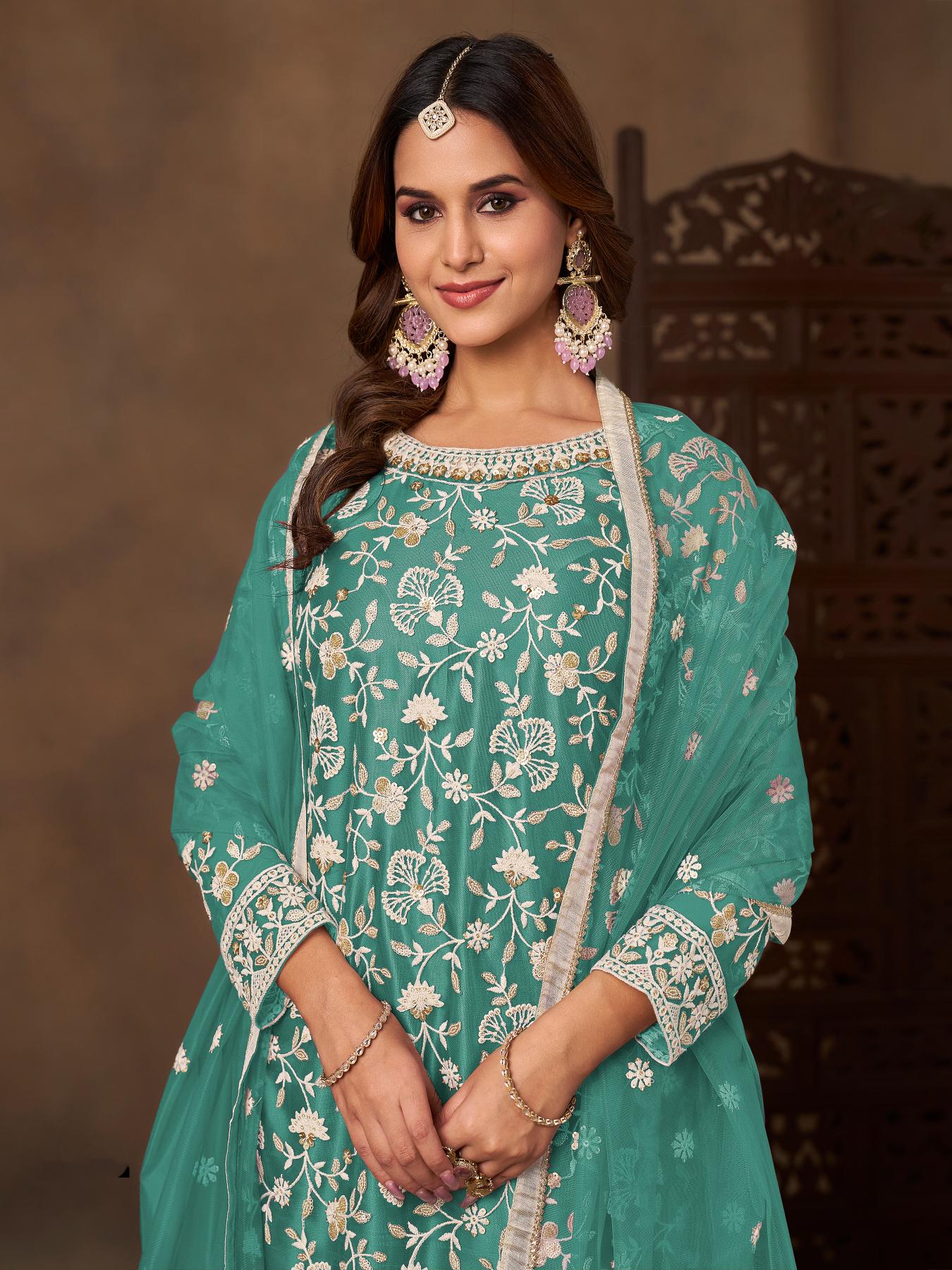 Sea Green Net Designer Embroidery Palazzo Suit