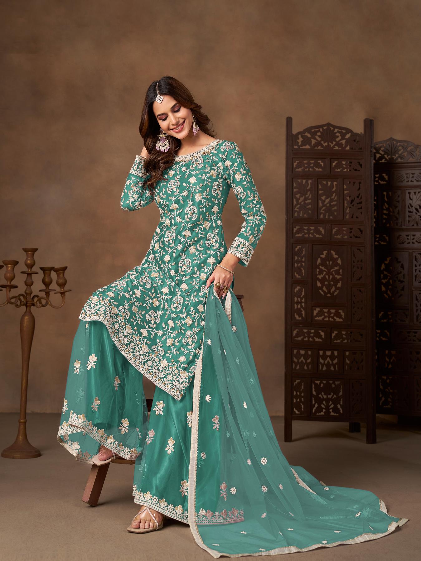 Sea Green Net Designer Embroidery Palazzo Suit