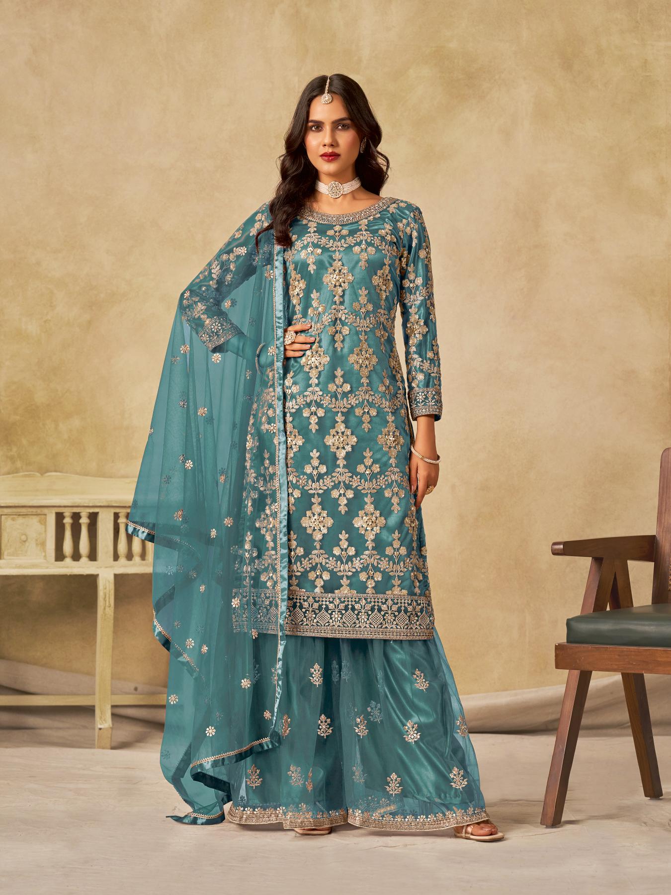 Sea Green Net Palazzo Suits